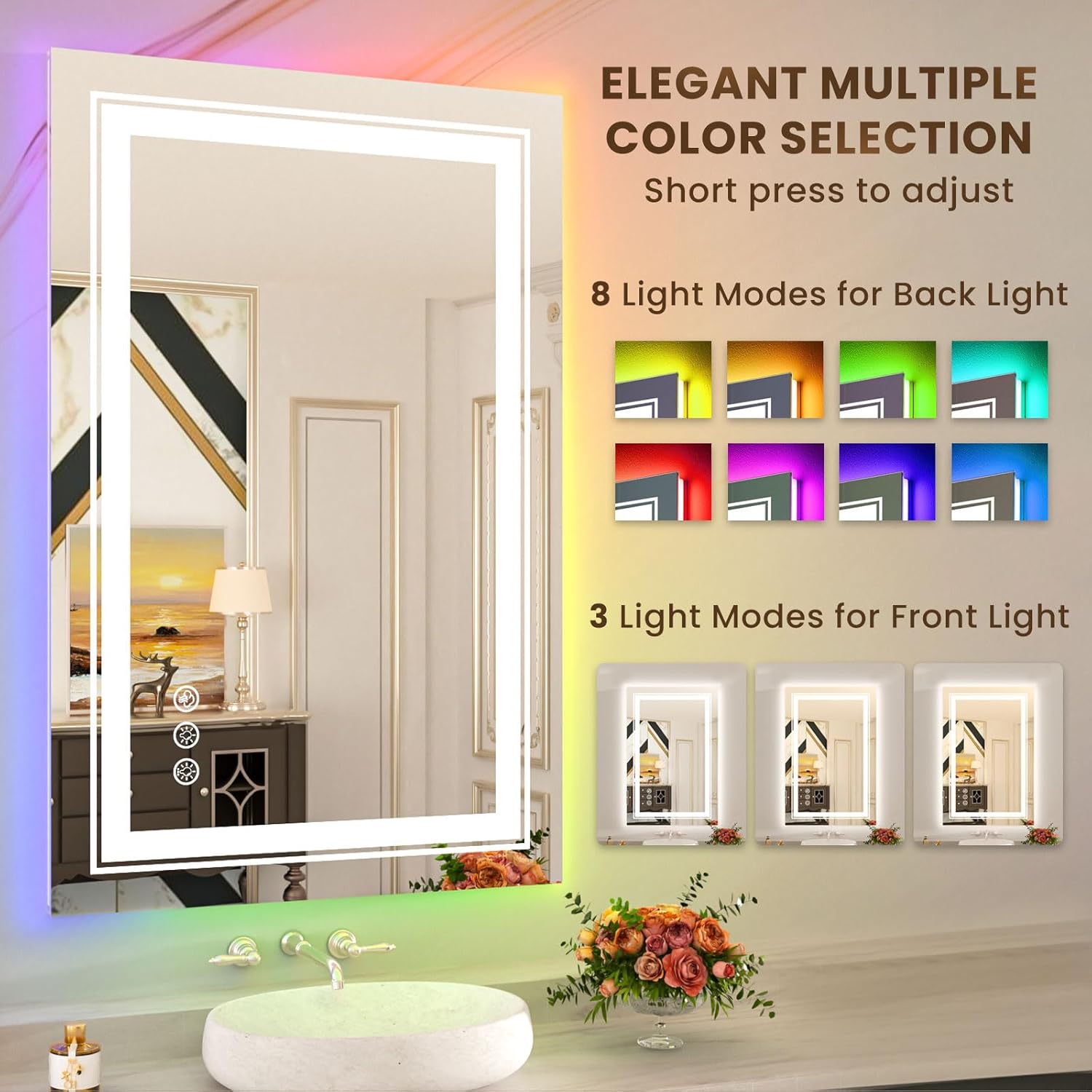 WTTY Espejo de baño LED RGB de 28 x 36 pulgadas con retroiluminación y 3 luces delanteras, espejo LED regulable continuo para baño, espejo de