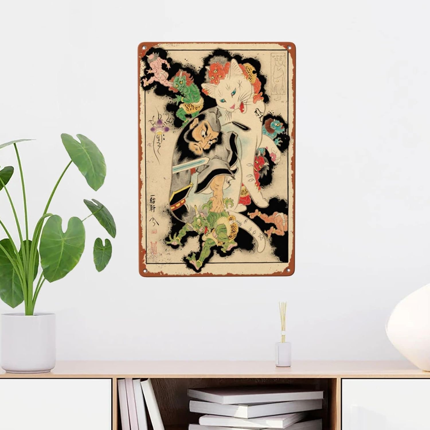 Licpact Póster de gato samurái japonés vintage retro para el hogar, cafetería, oficina, gato, decoración de arte, bar, pub, garaje, clásico,