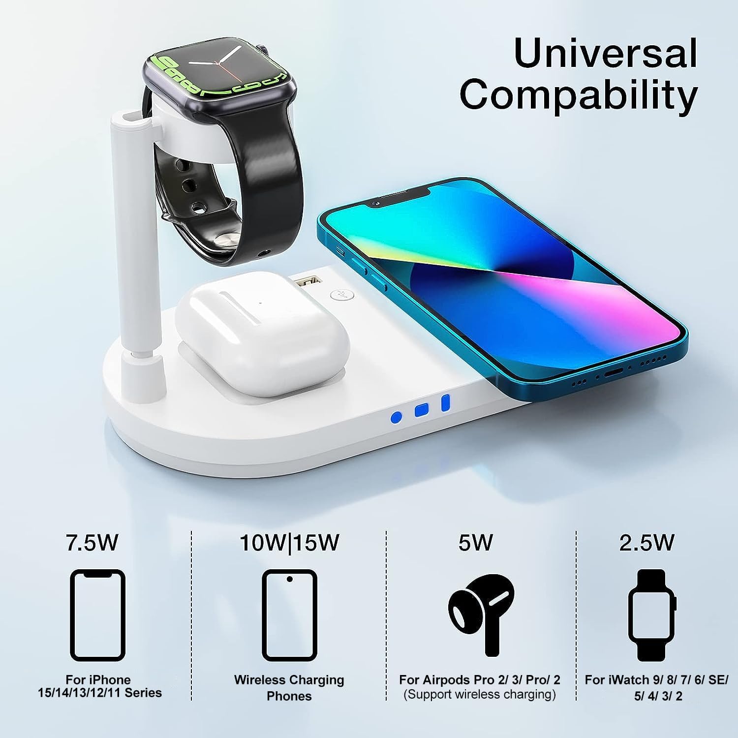 Estación de carga portátil 4 en 1 para productos Apple, soporte inalámbrico de carga rápida con lámpara de noche compatible con iPhone 1514131211,