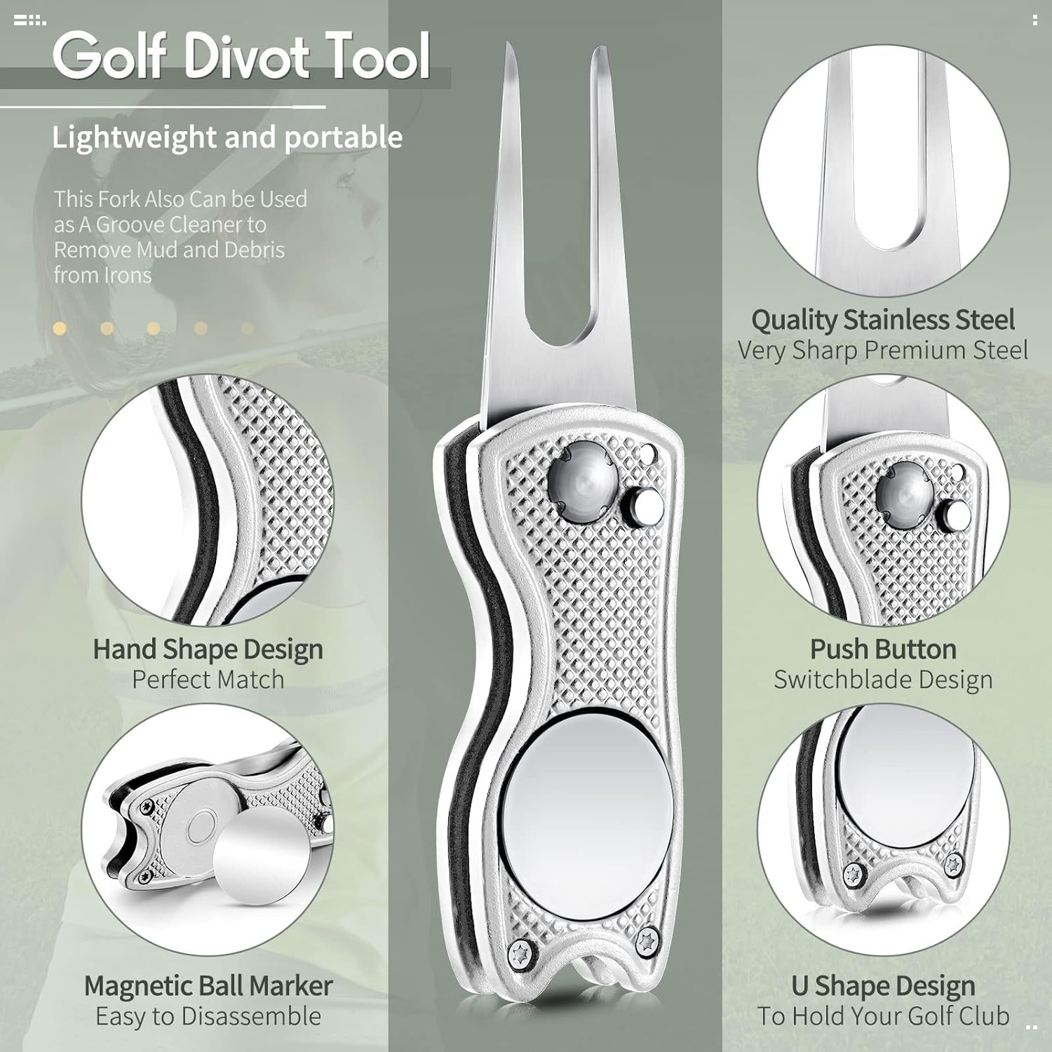 Herramienta de reparación de golf de acero inoxidable plegable de golf Divot, herramienta magnética de botón emergente de golf, marcador de pelota