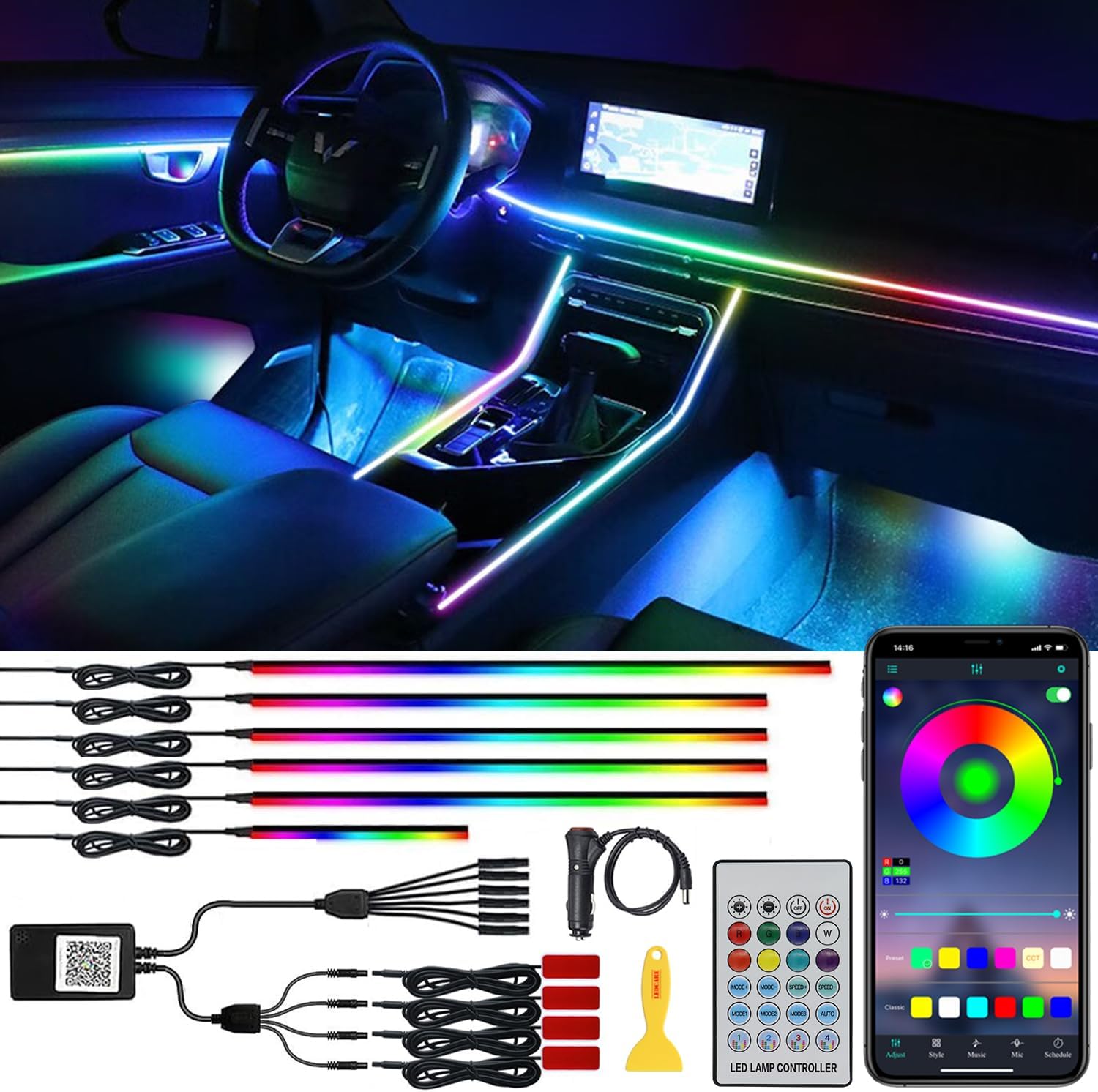 Tira de luces LED de acrílico para interiores de automóvil, 10 en 1, Dreamcolor, kit de iluminación ambiental para automóvil con aplicación