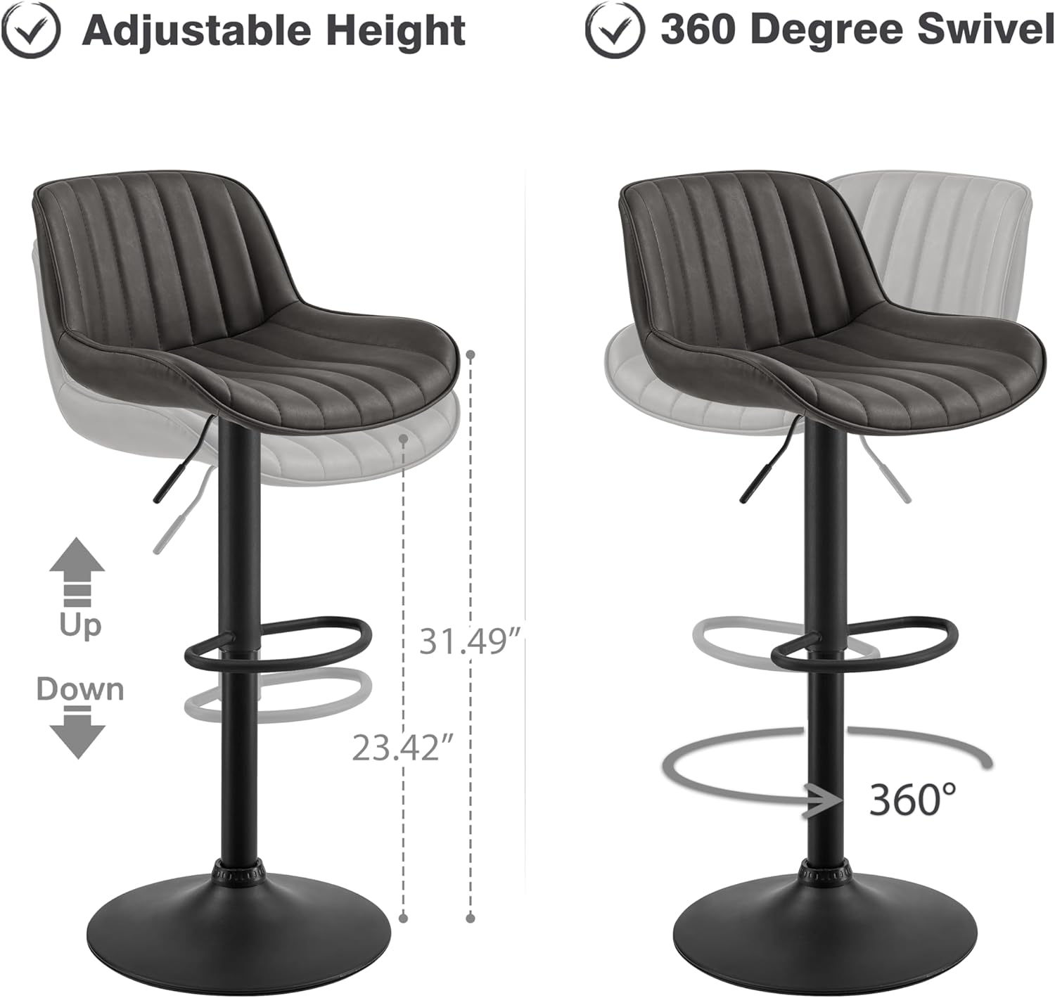 Art Leon Morden – Juego de 2 taburetes de bar de piel sintética con respaldo, silla giratoria ajustable para el hogar, cocina, isla pub, base con