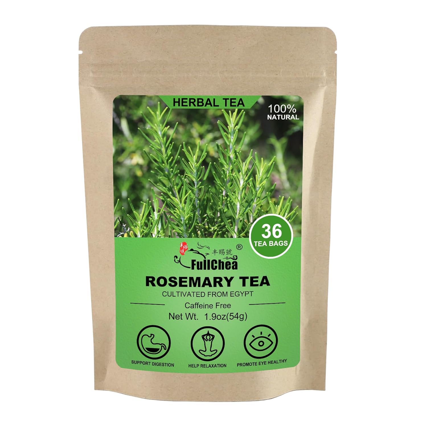 FullChea – Bolsas de té de romero, 36 bolsitas de té, 0.05 ozbolsa – Hojas de romero secas de primera calidad – Cultivadas en Egipto – Sin OMG – Sin