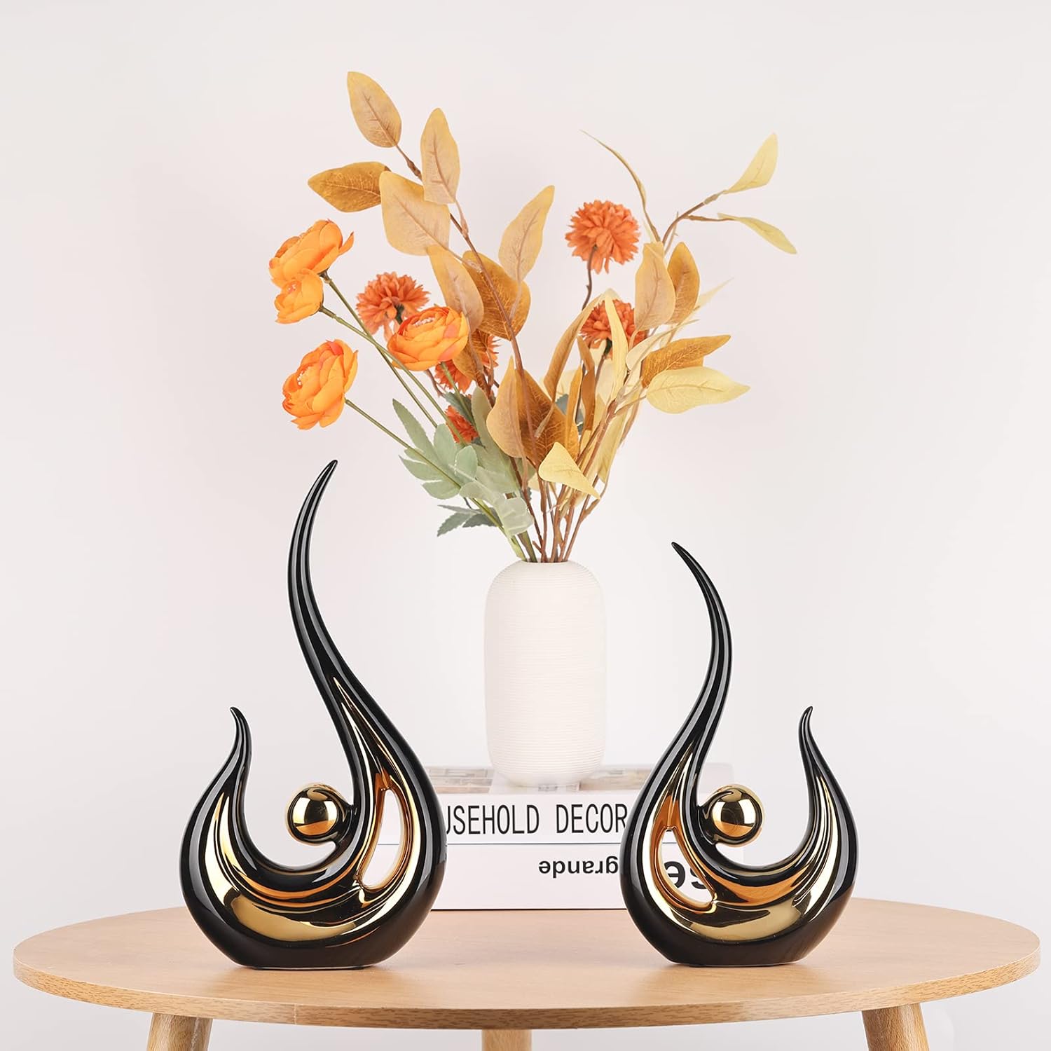 Acento de decoración del hogar negro y dorado de 11.2 pulgadas de alto, centro de mesa de centro moderno de mediados de siglo, figuras modernas de