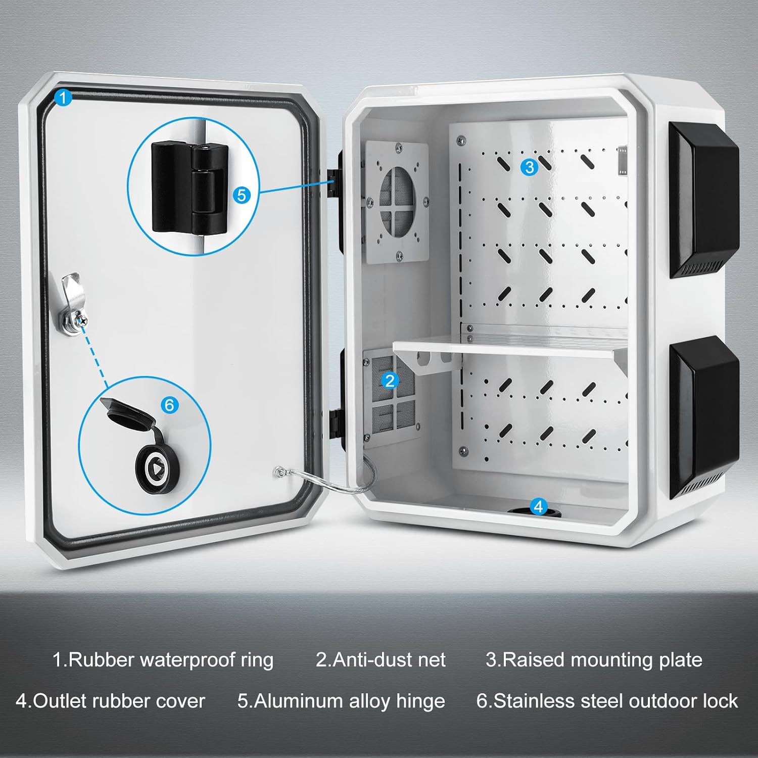 Caja eléctrica al aire libre, placa de acero laminada en frío, viga trasera de aleación de aluminio, diseño de ventilación de una pieza, IP65