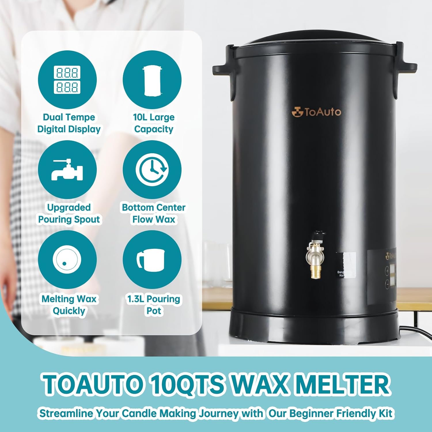TOAUTO 10 cuartos de galón de cera digital para hacer velas, olla de fusión de cera eléctrica comercial con panel de control de temperatura preciso,