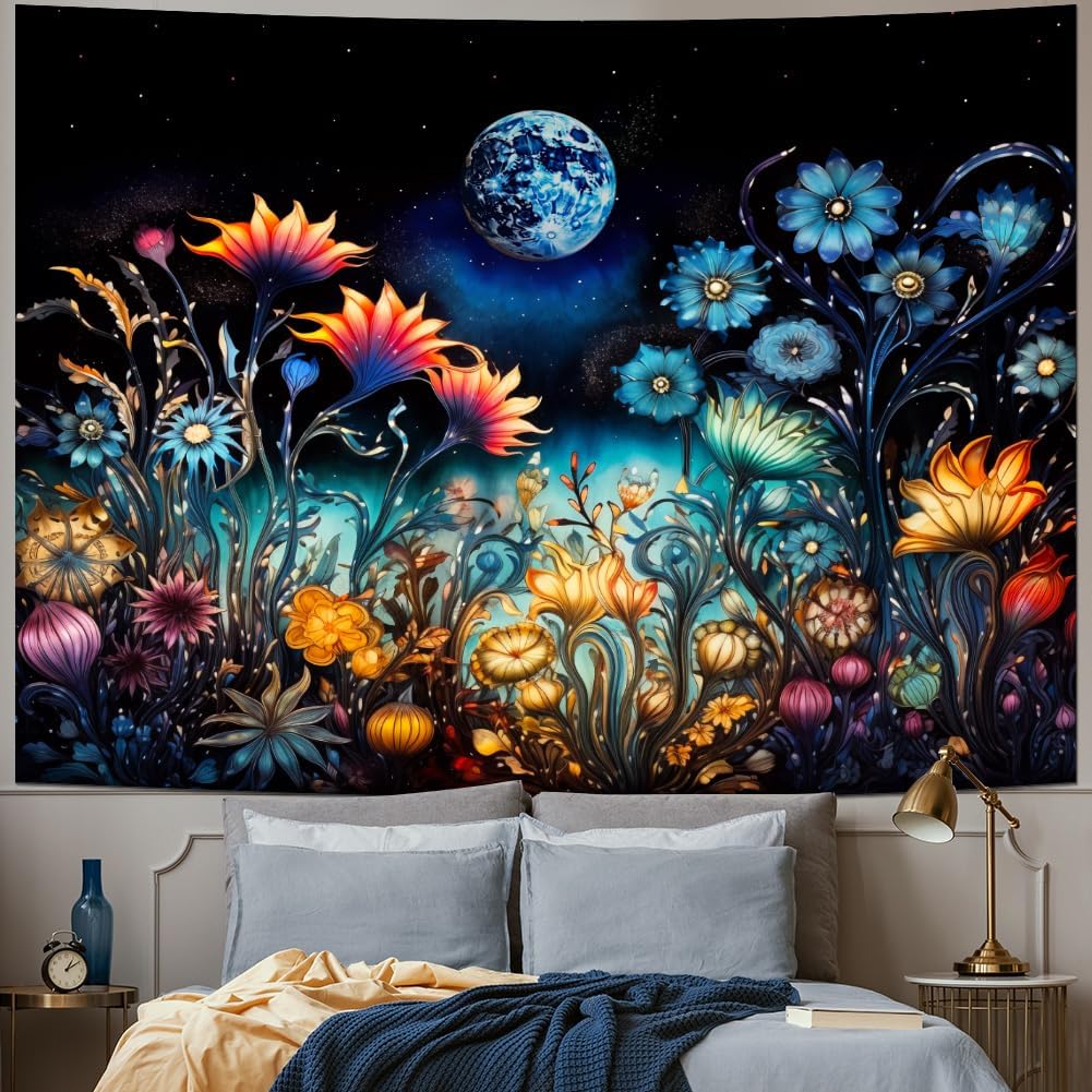 Tushelia Tapiz de plantas florales, tapiz de luna de fantasía, tapiz de flores trippy, tapiz misterioso de cielo estrellado, tapiz negro estético