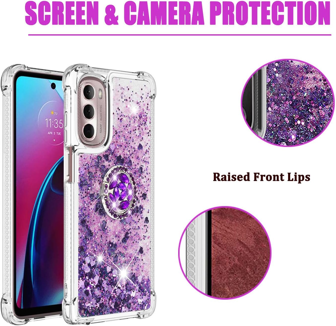 Asuwish Funda de teléfono para Motorola Moto G Stylus 5G 2022 con protector de pantalla y soporte para anillo con anillo de purpurina líquida