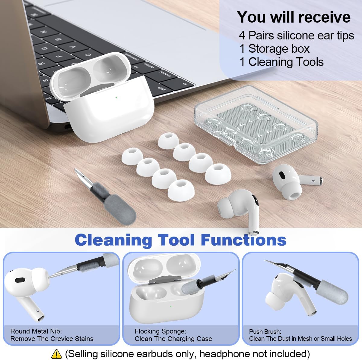 Almohadillas antideslizantes de silicona suave de repuesto para Airpods Pro 2 generación con kit de limpiadorcaja de almacenamiento. Cabe en la