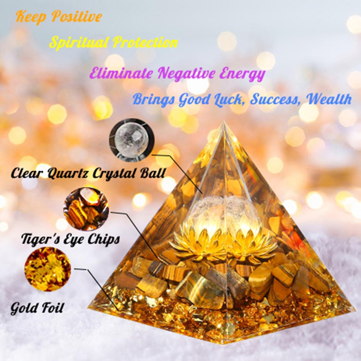 Cristales de ojo de tigre amarillo de 2.4 pulgadas y piedras curativas, regalos para mujeres y hombres, decoración de cristal, pirámide de orgón