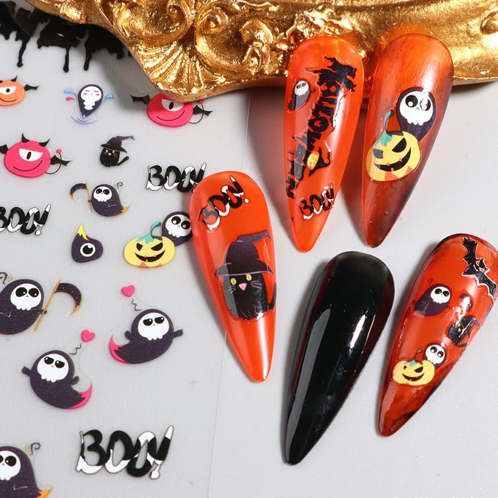 Calcomanías para uñas de Halloween, 6 hojas de calcomanías de uñas de fantasma, 3D, autoadhesivas, calabaza, murciélago, fantasma, cráneo, araña,