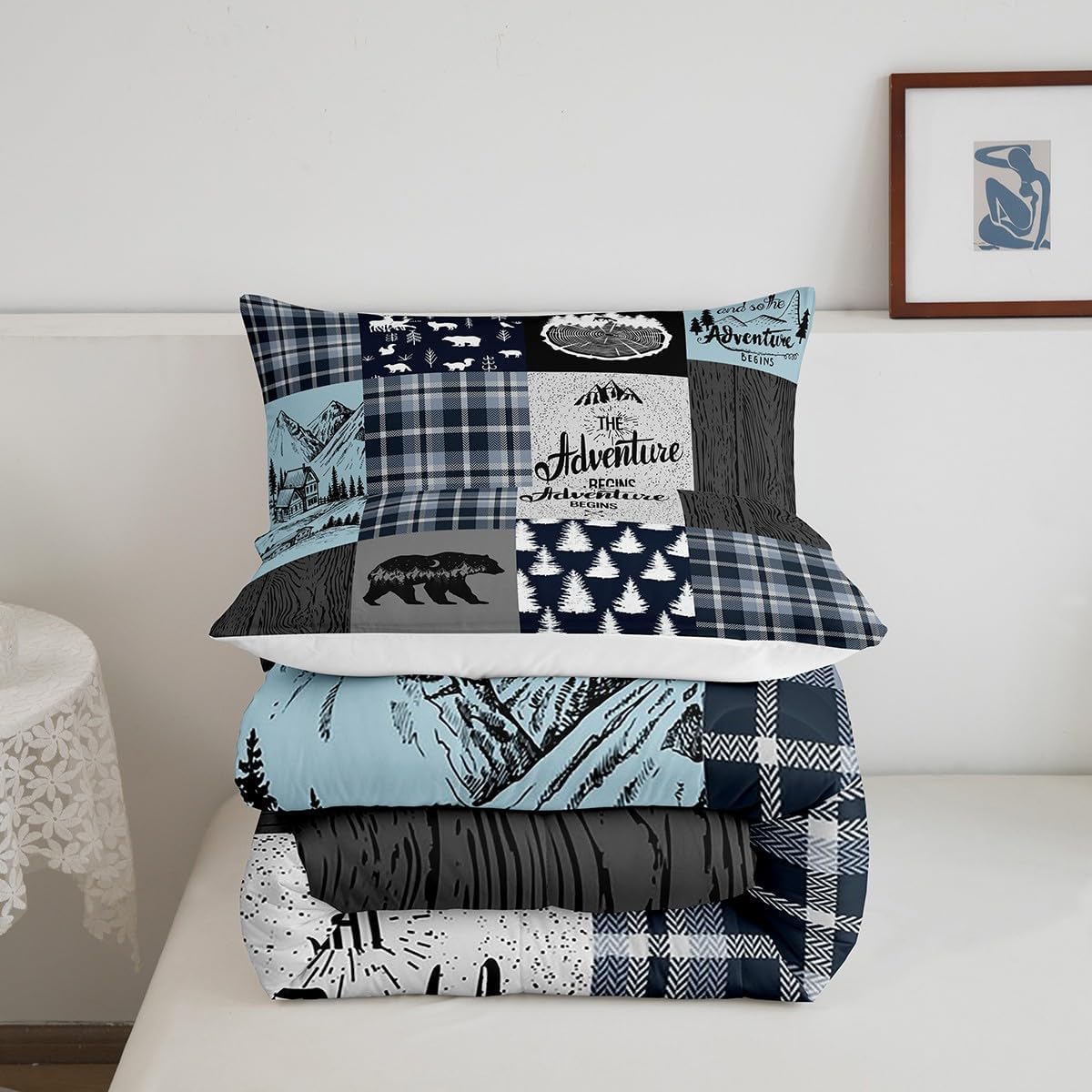 Juego de ropa de cama de cabaña retro rústica tamaño King, juego de edredón de oso y ciervos para niños, adolescentes y adultos, edredón de caza de
