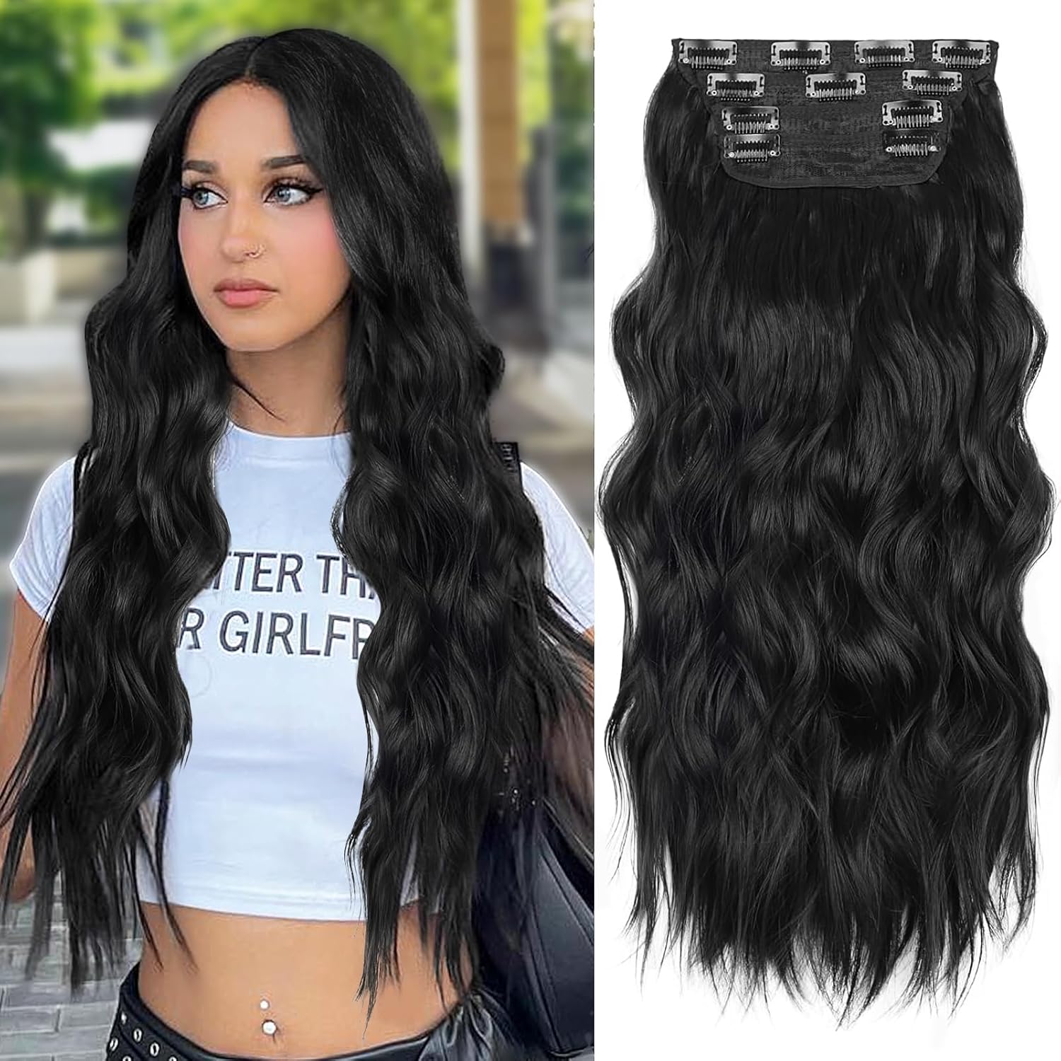 ALXNAN Extensiones de cabello con clip, extensiones de cabello largo ondulado de 20 pulgadas, color negro, 4 piezas gruesas para mujer
