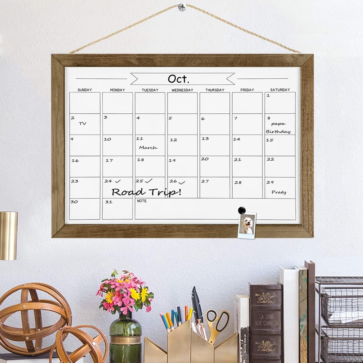 Pizarra de calendario mensual de borrado en seco, pizarra blanca magnética para pared, oficina, escuela, hogar, marco de madera para colgar lista de