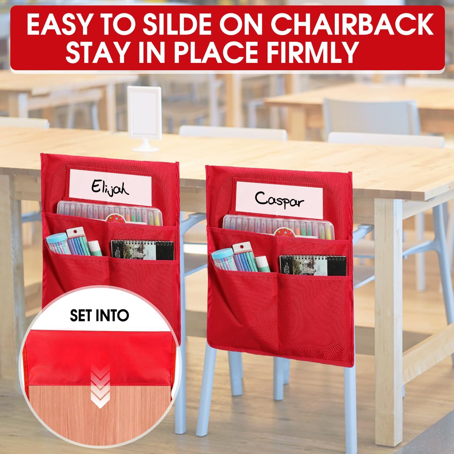 Chairback Buddy – Tabla de bolsillo para silla de estudiante, bolsillos para silla de clase, bolsillos para silla de clase, 1 etiqueta de nombre de