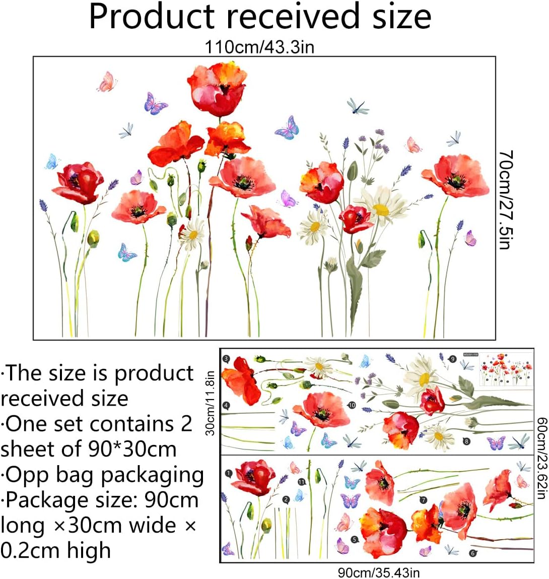 Calcomanías de pared de flores de amapola roja, margaritas florales y mariposas, calcomanías de pared para bricolaje, hojas verdes, plantas y