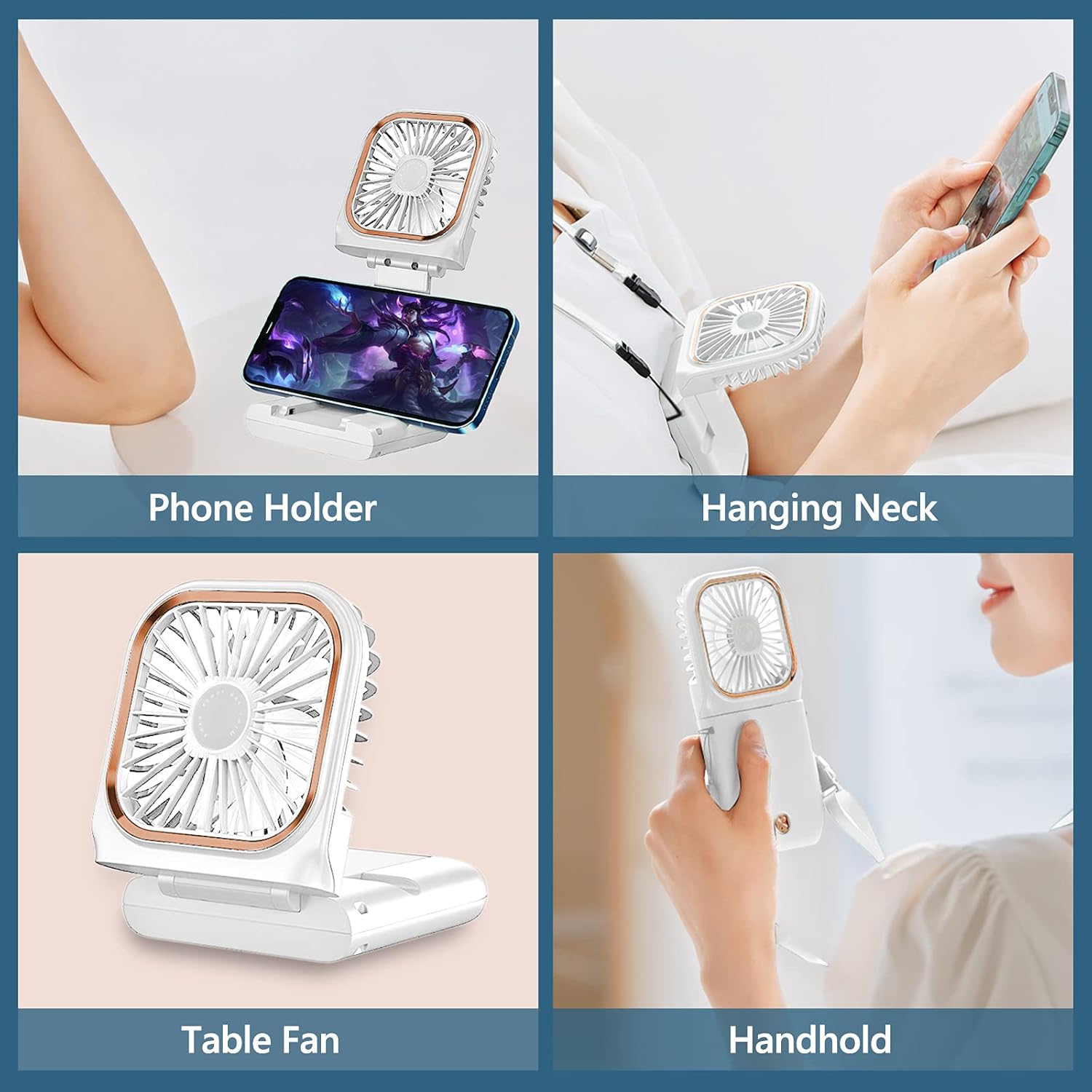 Ventilador portátil de mano para collar personal, plegable, mini ventilador recargable por USB silencioso con función de soporte para teléfono