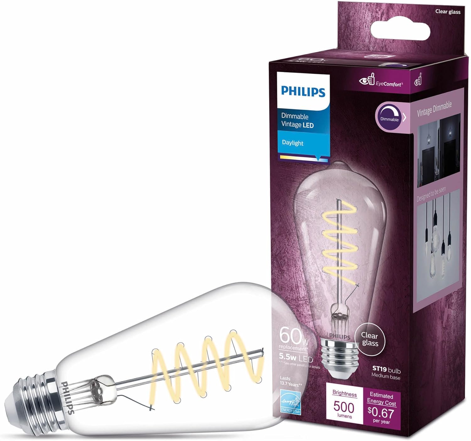 Philips LED Espiral transparente vintage sin parpadeo ST19 regulable, tecnología EyeComfort, 500 lúmenes, luz diurna (5000 K), 5.5 W  60 W,