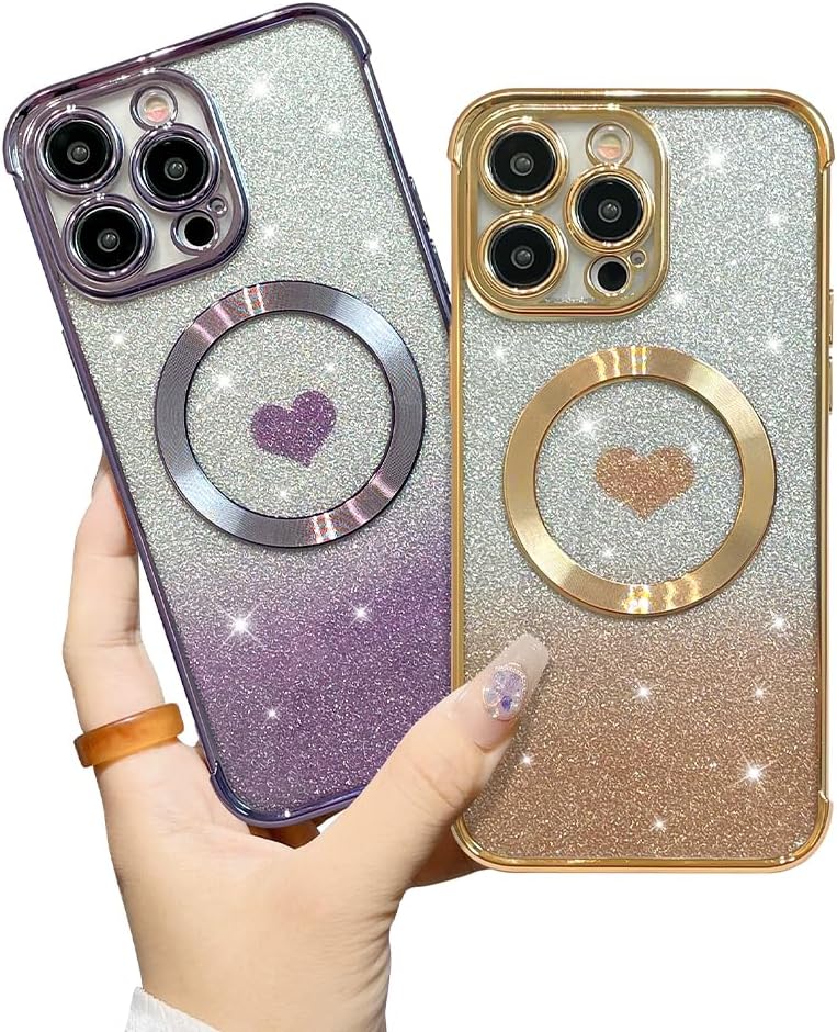 AIGOMARA Funda magnética transparente con purpurina para iPhone 15 Pro Max, compatible con Magsafe, cubierta de TPU suave chapado de lujo con