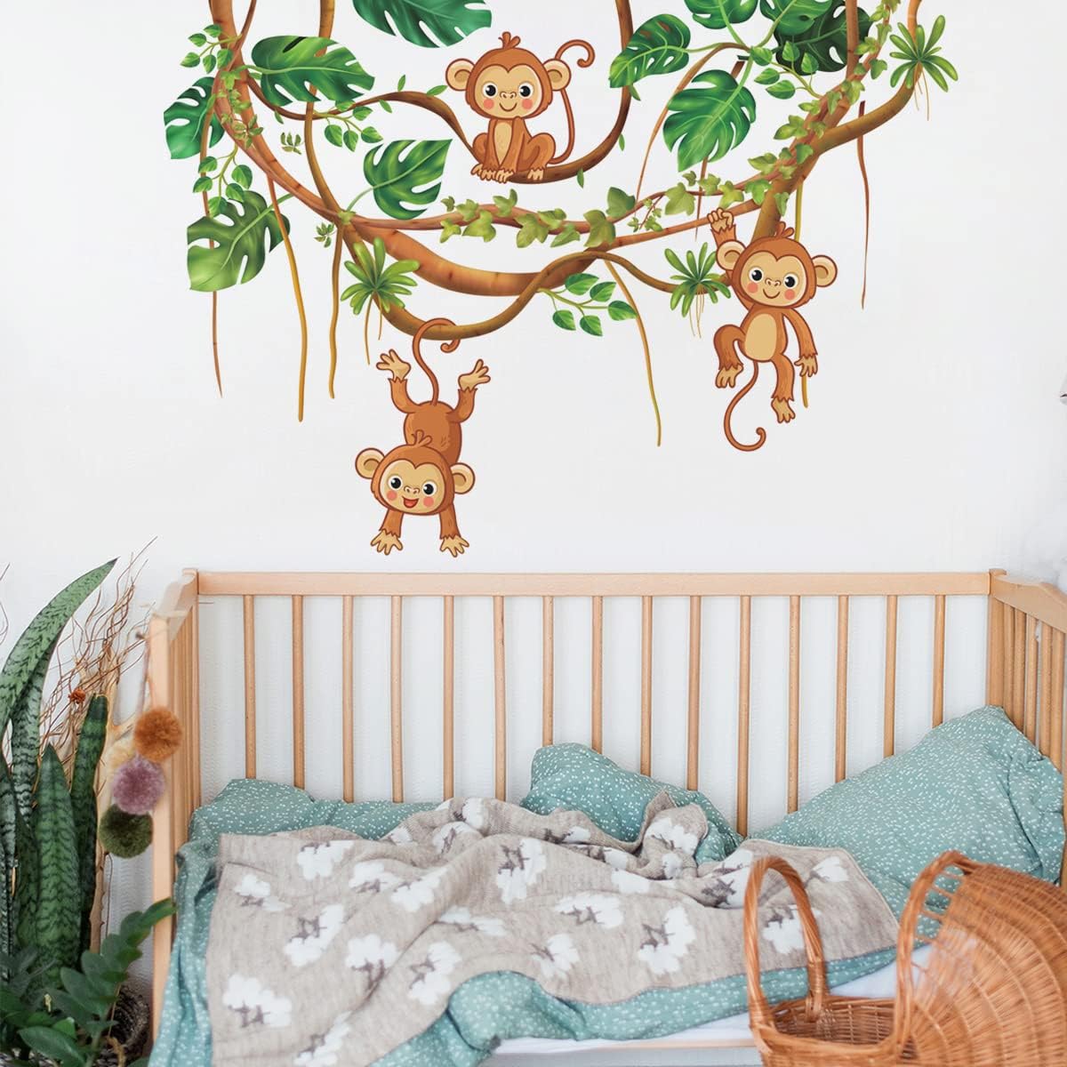 Calcomanías de pared de animales para despegar y pegar, calcomanías de pared de árboles de monos para habitación de los niños, decoración de pared