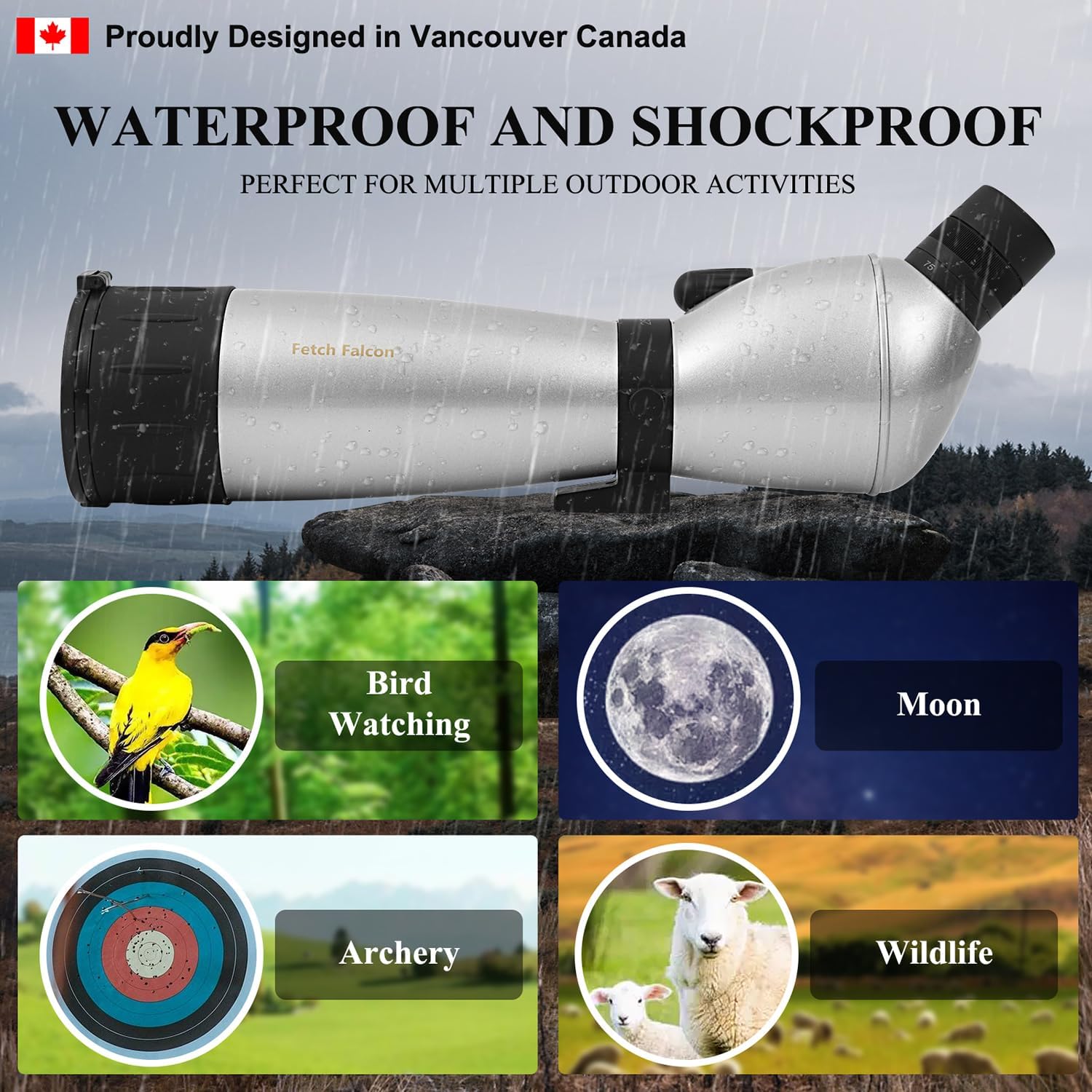 Fetch Falcon 25-75X75 FMC HD Spotting Scope (resistente al agua de largo alcance) con adaptador de teléfono trípode de metal y bolsa de transporte