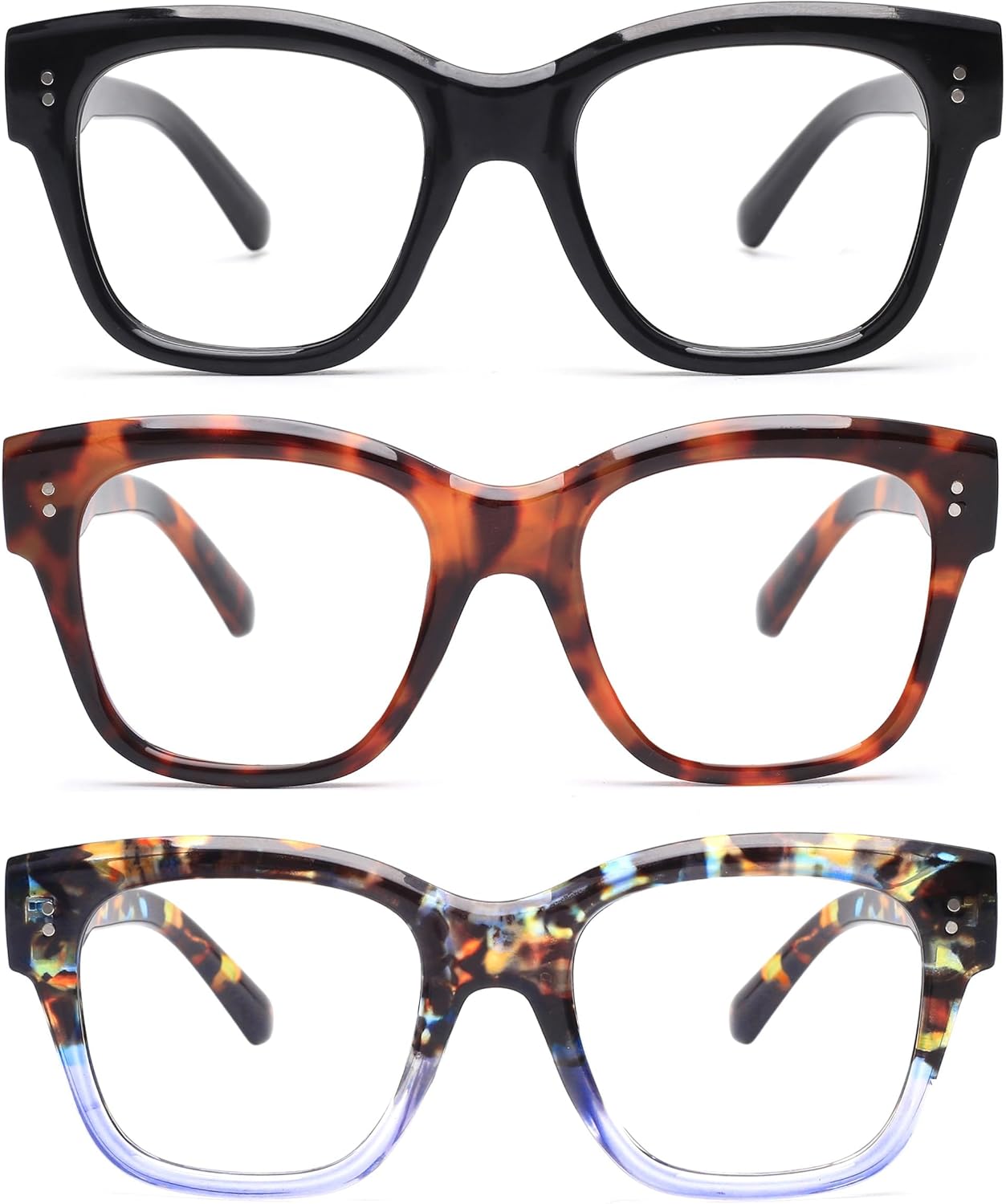 JM – Paquete de 3 lentes de lectura estilo Oprah para mujeres y hombres, cuadrados de gran tamaño, con bloqueo de luz azul