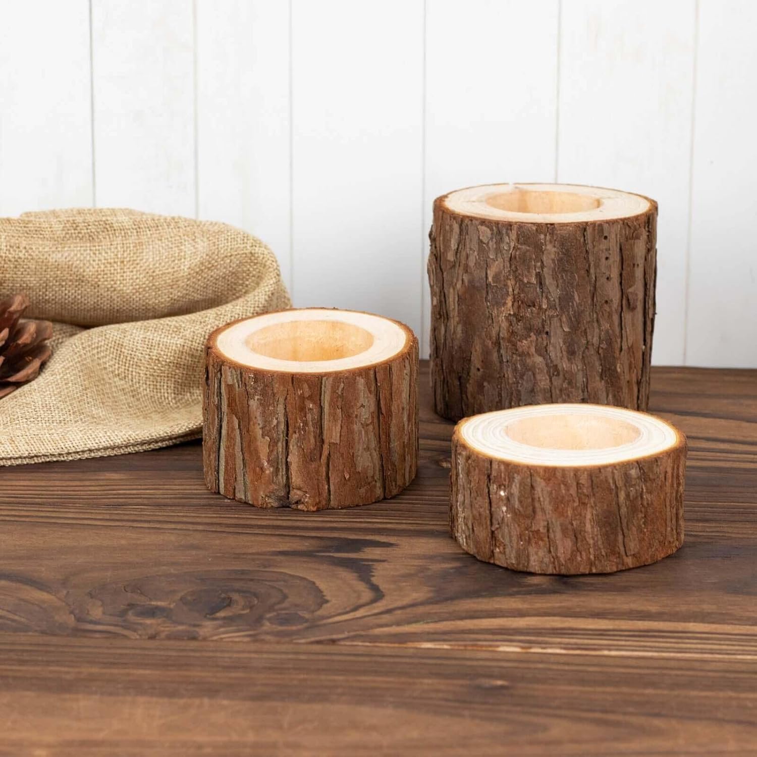 Efavormart – Juego de 3 portavelas votivos con rodajas de madera de granja, decoración de mesa de boda con rama de árbol rústico, 2.75 pulgadas, 1.5