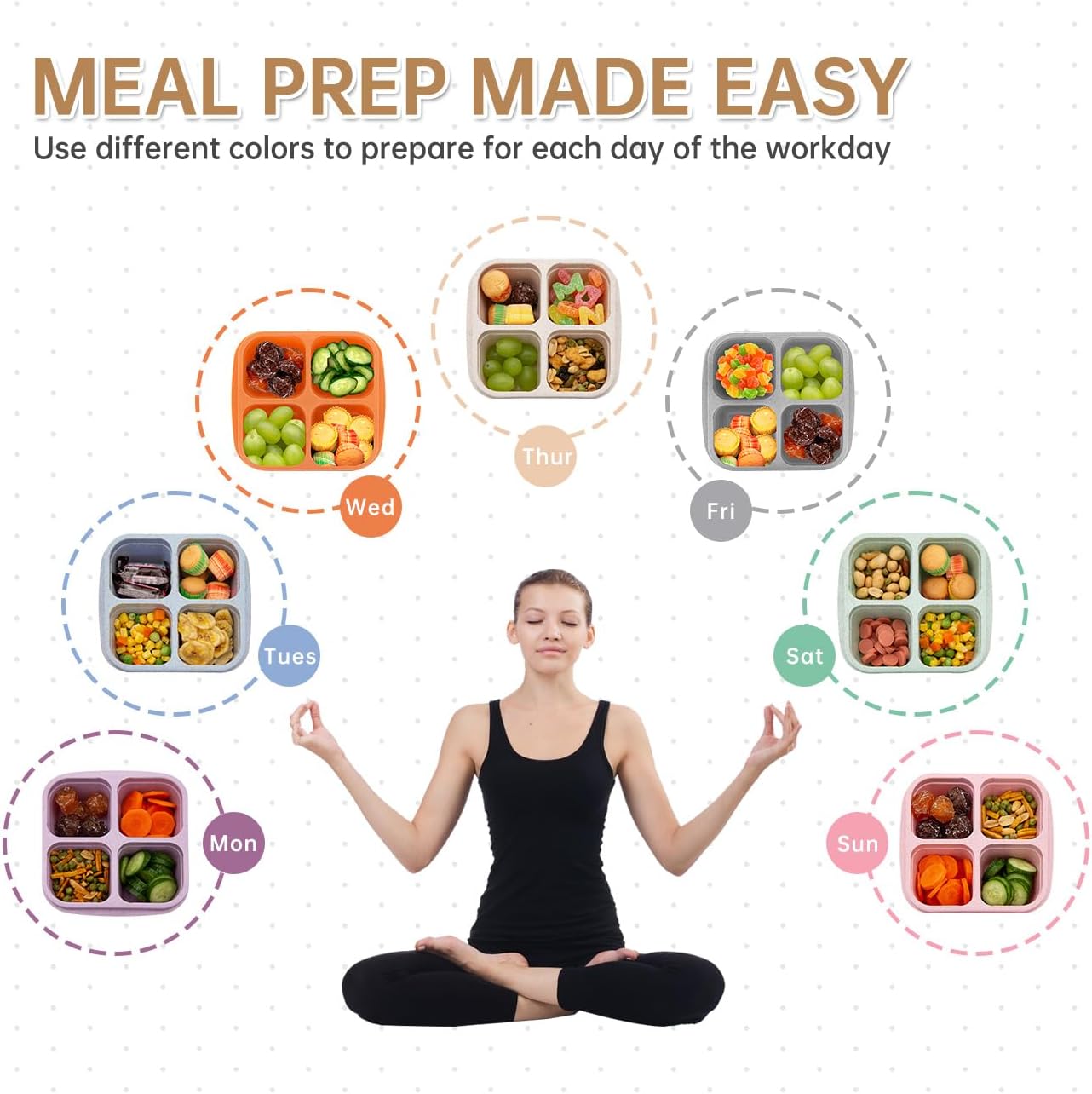 Paquete de 7 loncheras Bento, 4 compartimentos, caja de aperitivos dividida, contenedores de almuerzo para preparación de comidas, lonchera para
