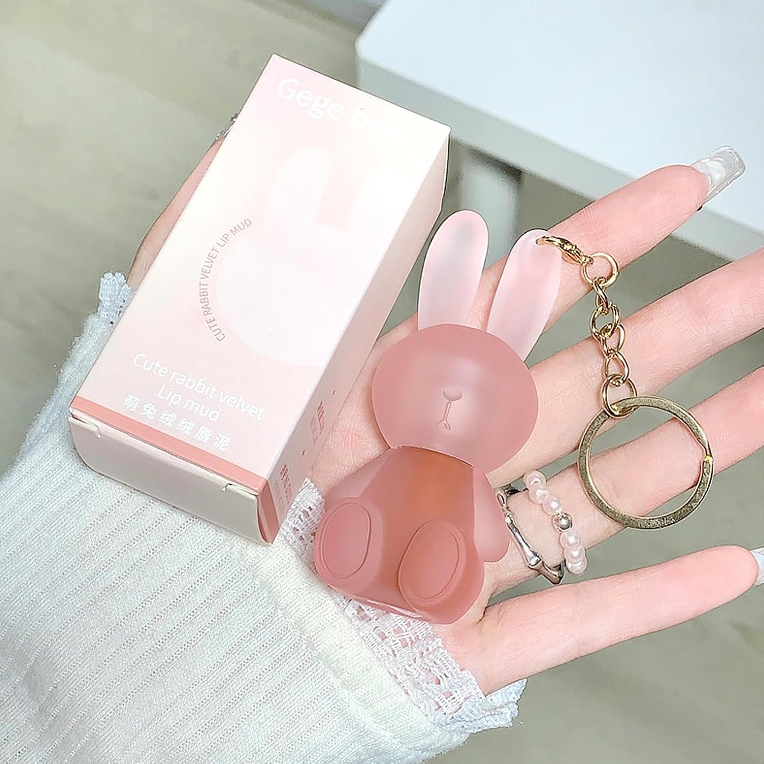 Juego de lápices labiales líquidos de terciopelo mate de 6 colores, lindo esmalte de labios de conejo 2 en 1, llavero para brillo de labios, tinte