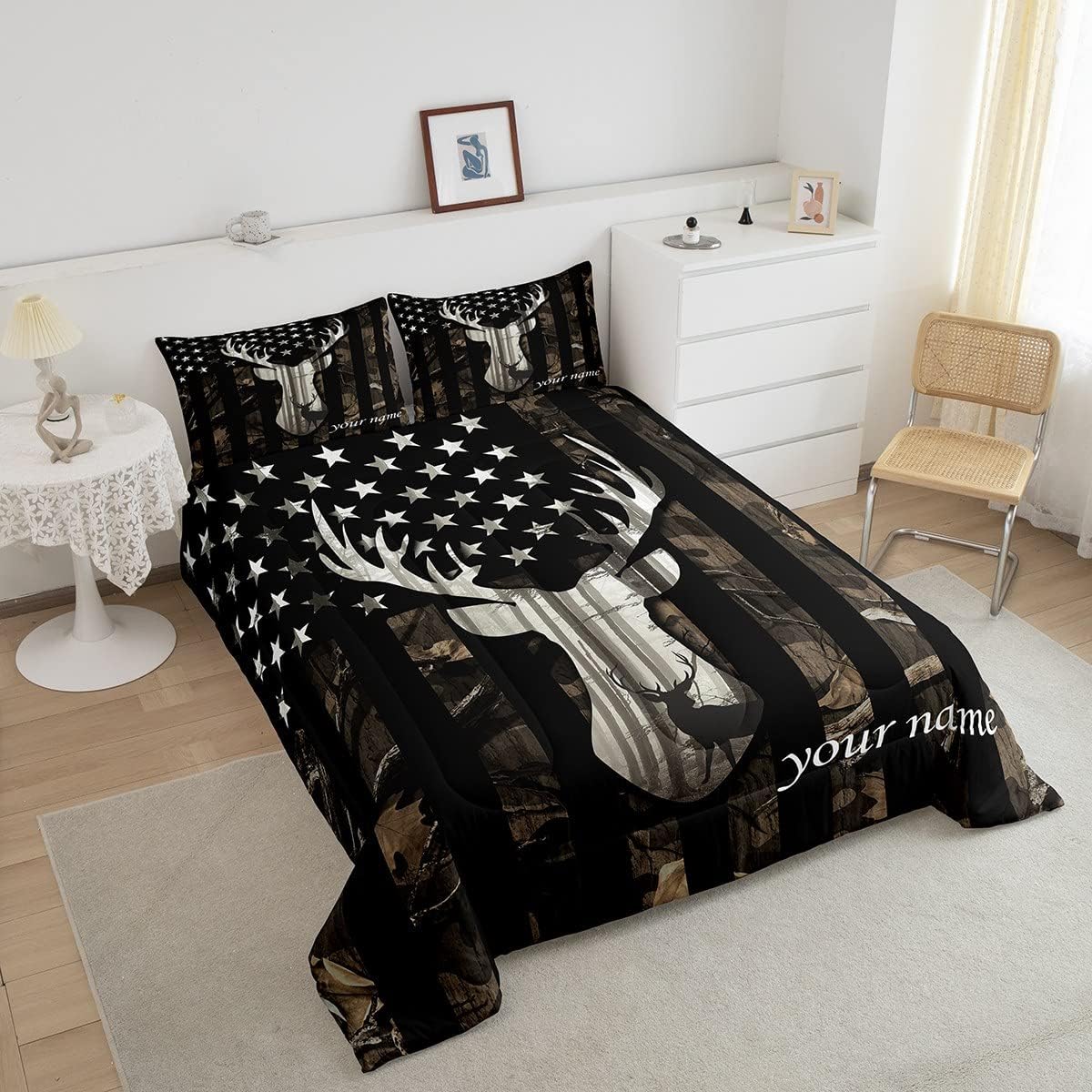 Juego de edredón personalizado con diseño de bandera estadounidense de camuflaje para niños, tamaño Queen, decoración de dormitorio de niñas y
