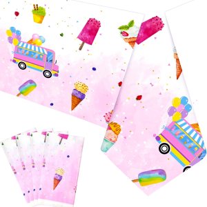 KEFAN Mantel de fiesta de cumpleaños de 4 piezas, mantel de helado de verano, decoración de mesa de fiesta de verano para baby shower, fiesta de KEFAN Mantel de fiesta de cumpleaños de 4 piezas, mantel de helado de verano, decoración de mesa de fiesta de verano para baby shower, fiesta de
