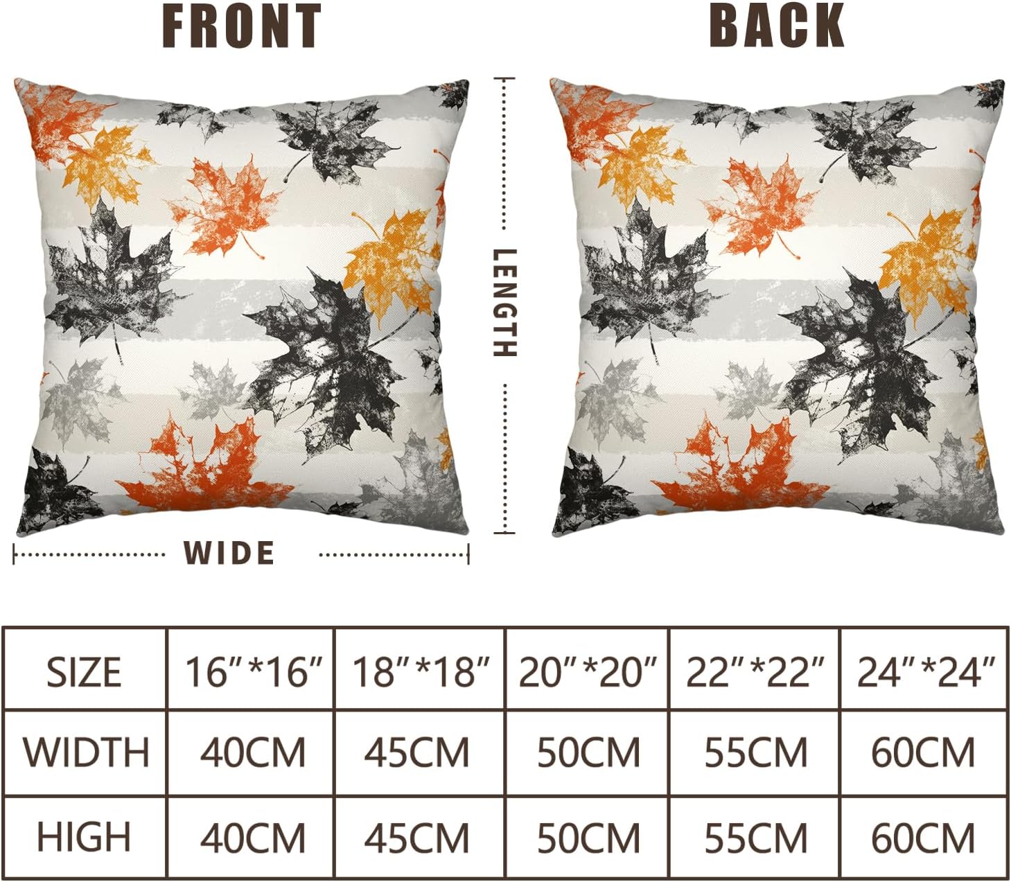 Juego de 2 fundas de almohada de hojas de otoño de 18 x 18 pulgadas, fundas de almohada decorativas de hojas de arce otoñales a rayas grises, fundas