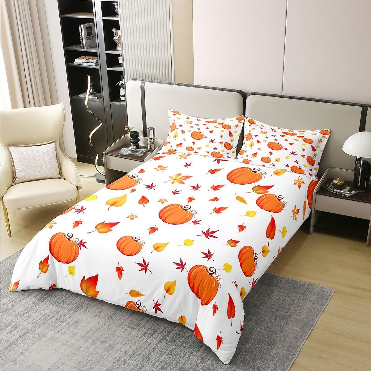 Erosebridal Juego de funda de edredón de calabaza de otoño 100% algodón orgánico, hojas de arce tamaño Queen, para niños y niñas, cosecha de otoño,