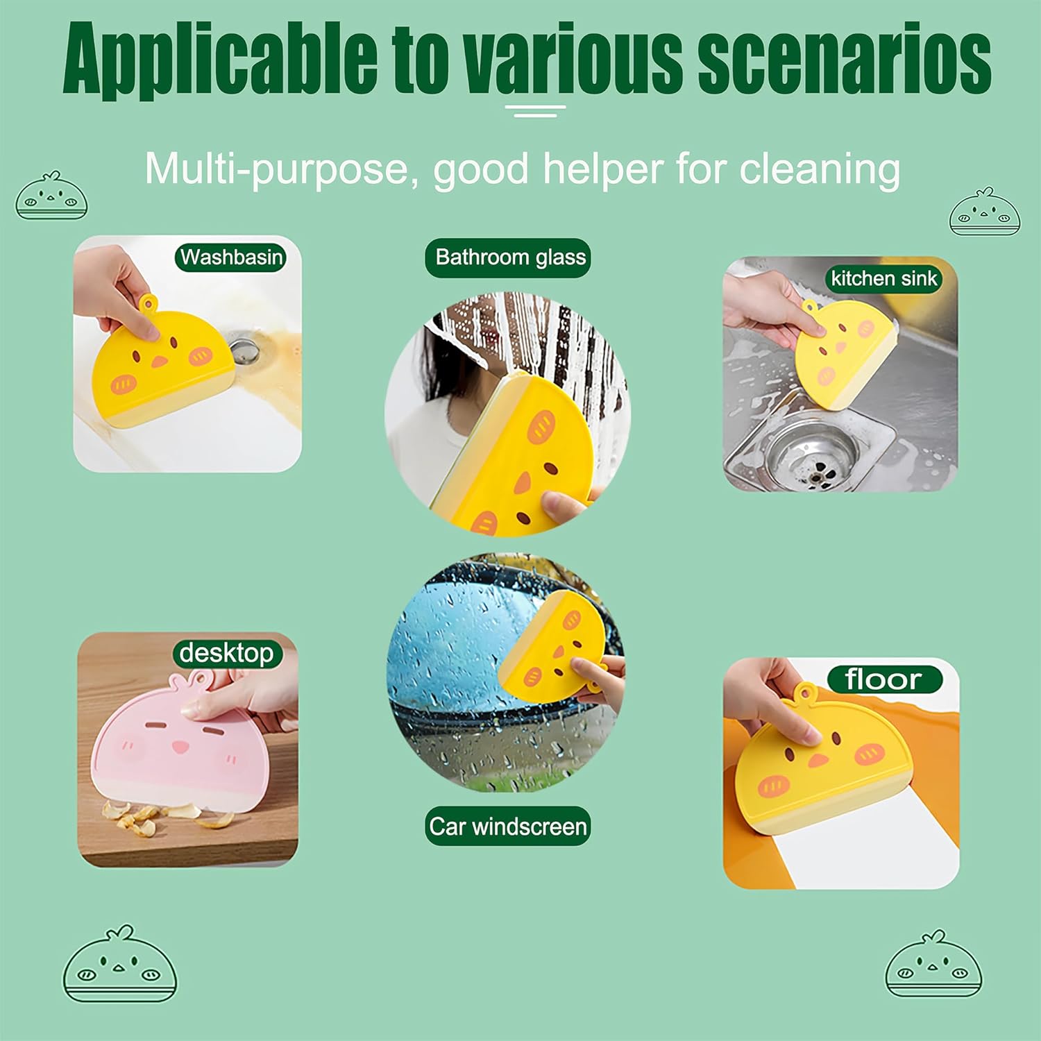 Paquete de 2 espátulas pequeñas de silicona con 4 ganchos, mini raspador de agua para automóvil, escobilla de plástico para fregadero, ventanas,