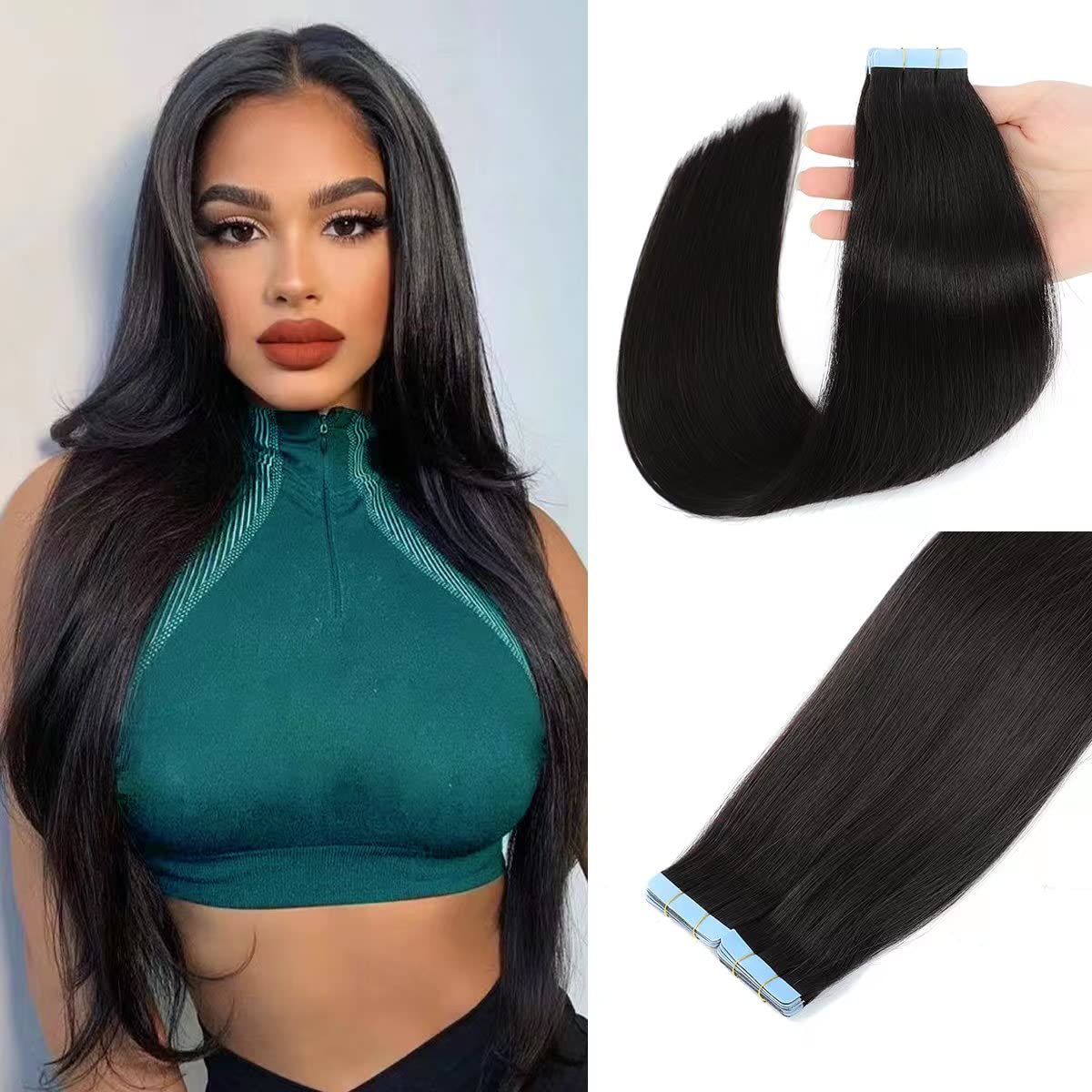 Extensiones de cabello humano adhesivas de cabello humano Remy 100 % real, 1.76 onzas, 20 unidades, cabello virgen brasileño, lacio, sin costuras,