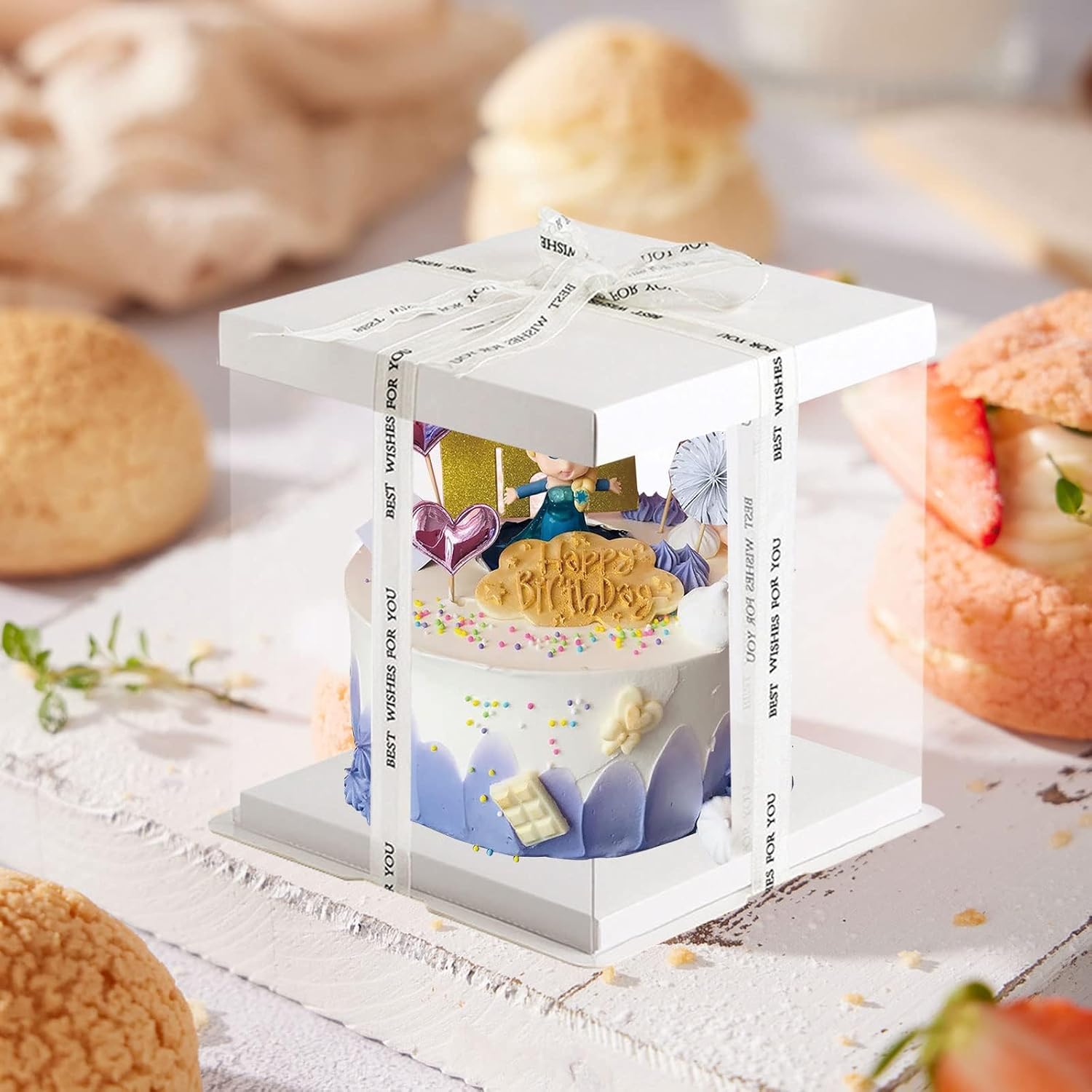 10 cajas transparentes para tartas de 7 x 7 x 8 pulgadas, caja alta para pasteles con tapa y cinta de 148 pies, cajas altas para tartas de nivel