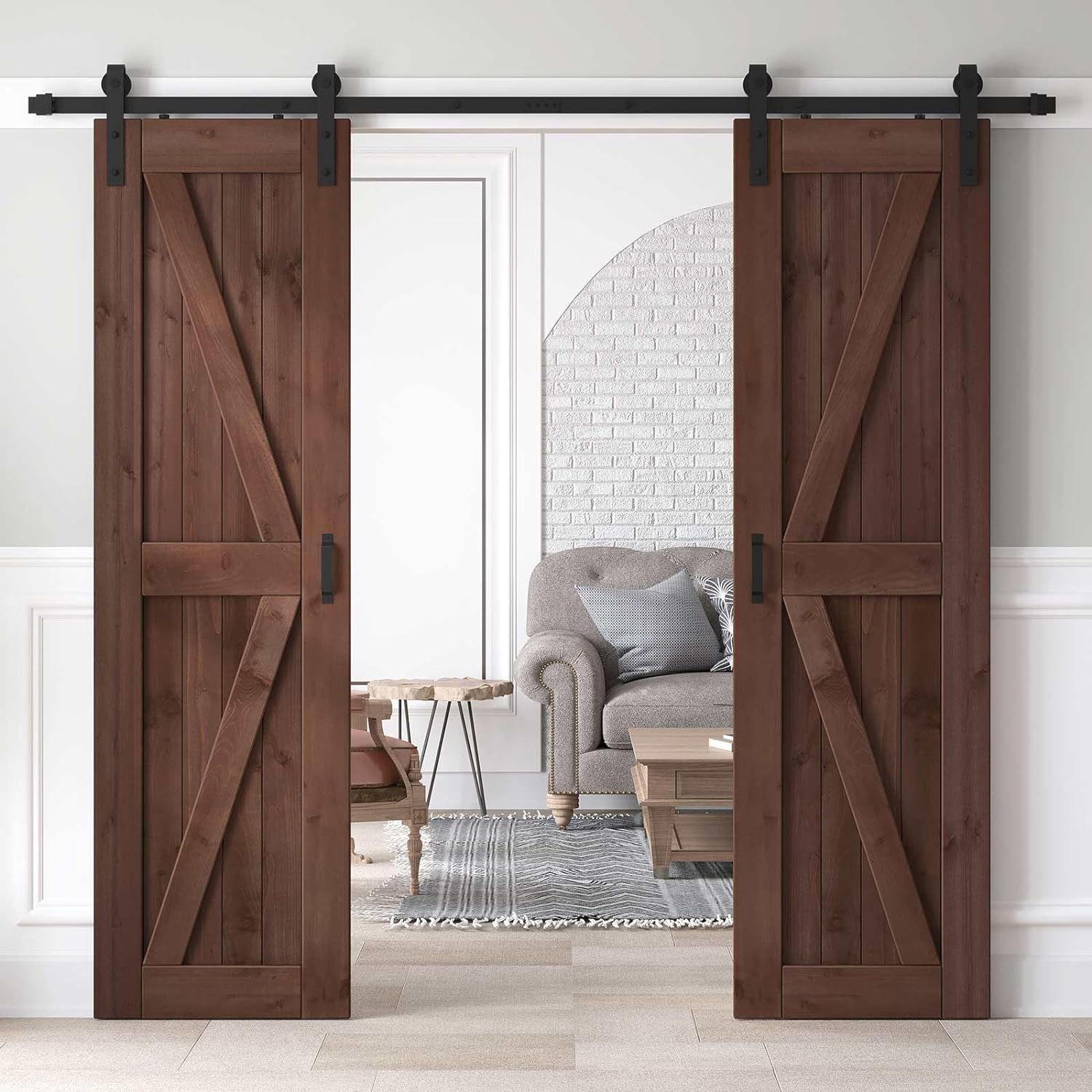 Losa de puerta corrediza de madera de granero de 48 x 84 pulgadas (puerta doble de 24 x 84 pulgadas) con kit de herramientas y mango de 8 pies,