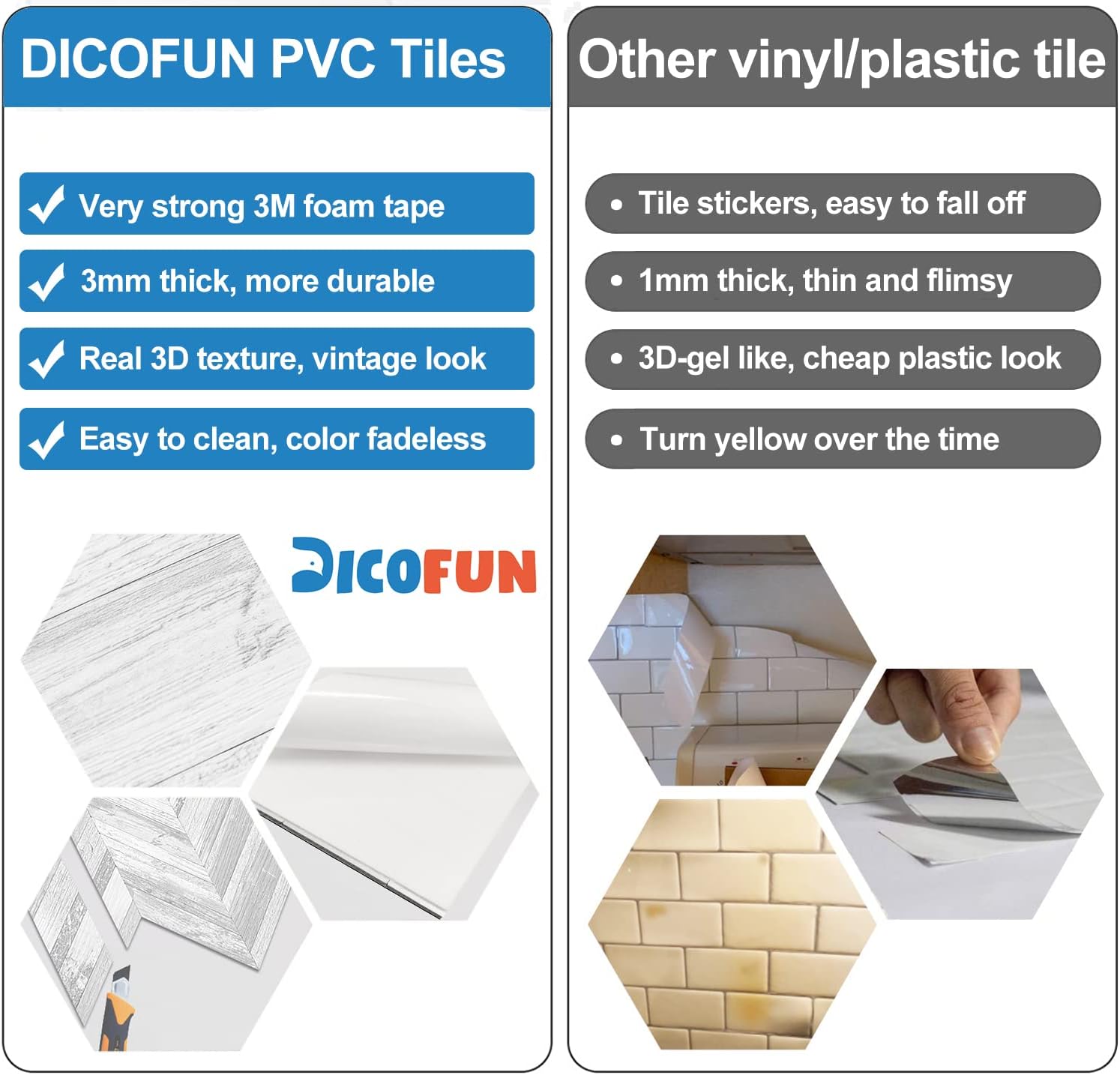 DICOFUN Protector contra salpicaduras de 10 hojas de espiga para despegar y pegar, aspecto de madera blanca vintage, PVC para salpicaduras para