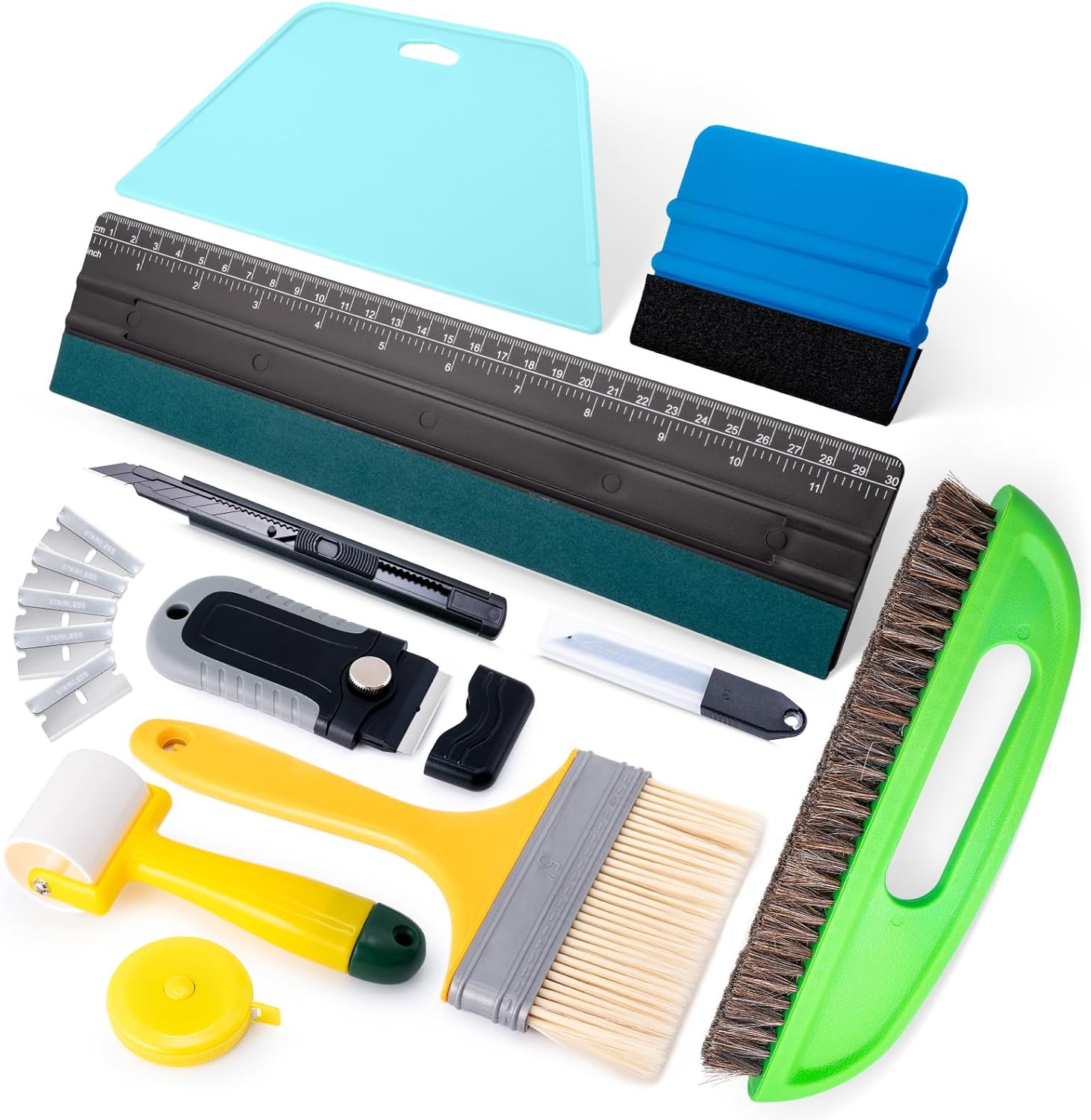 FOSHIO Kit de herramientas de alisado de papel tapiz, cepillo alisador de papel tapiz, rodillo de costura, cepillo de pasta, herramienta raspadora