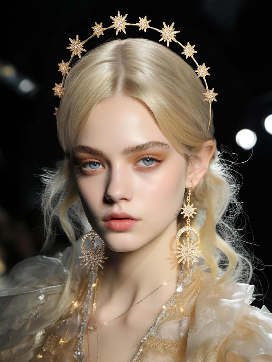 SWEETV Juego de coronas doradas con halo para mujer, tiara de estrella y aretes colgantes, diadema de boda, diadema de diosa para cosplay, disfraz