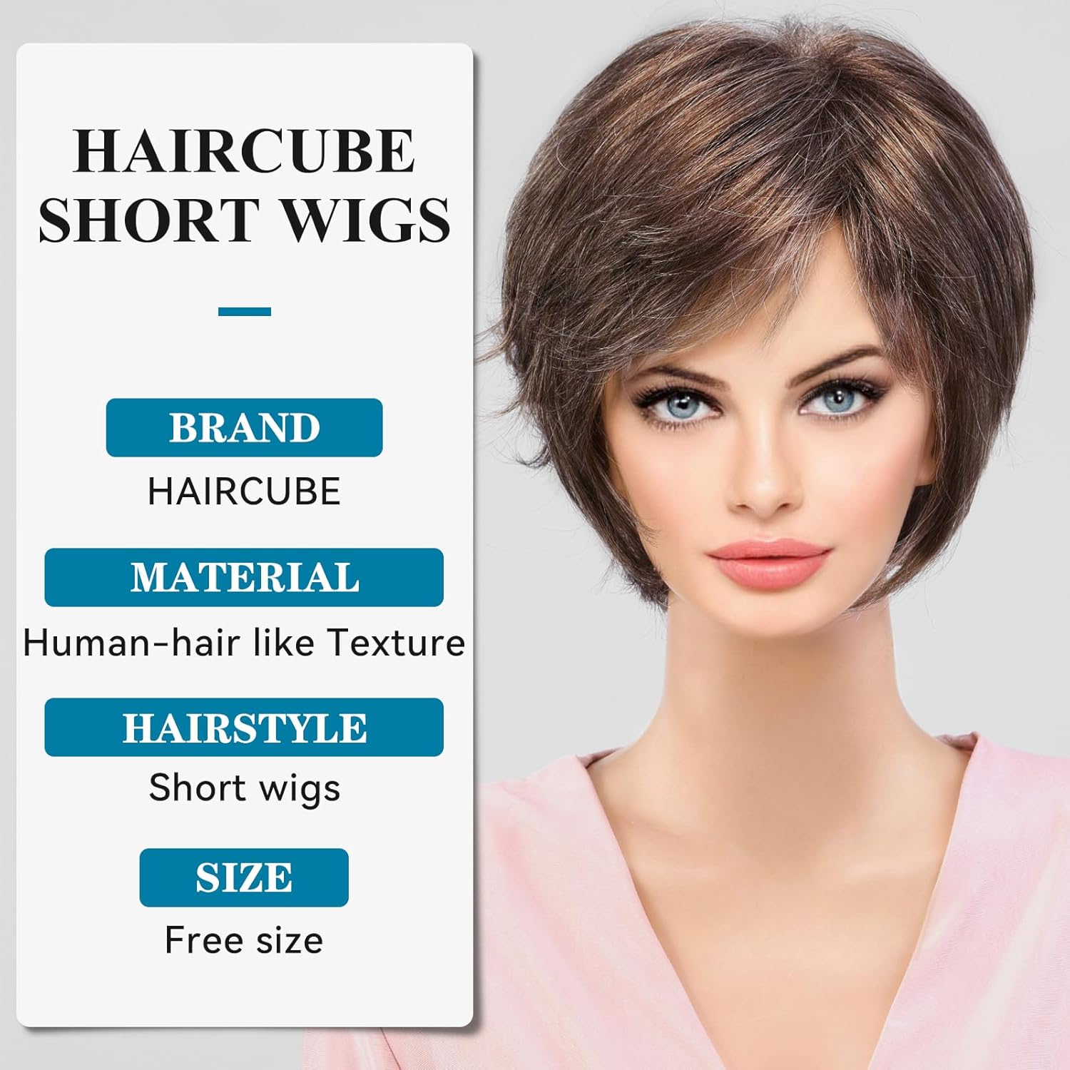 HAIRCUBE Peluca corta marrón mixta con fleco, pelucas de corte Pixie en capas para mujer, fibra sintética de memoria saludable, pelucas sin
