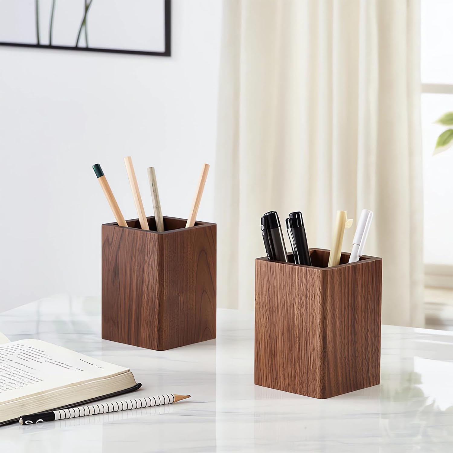 LEILISI Portalápices, soporte de madera de nogal para escritorio, almacenamiento de maquillaje, escuela, hogar, oficina, accesorios de mesa y