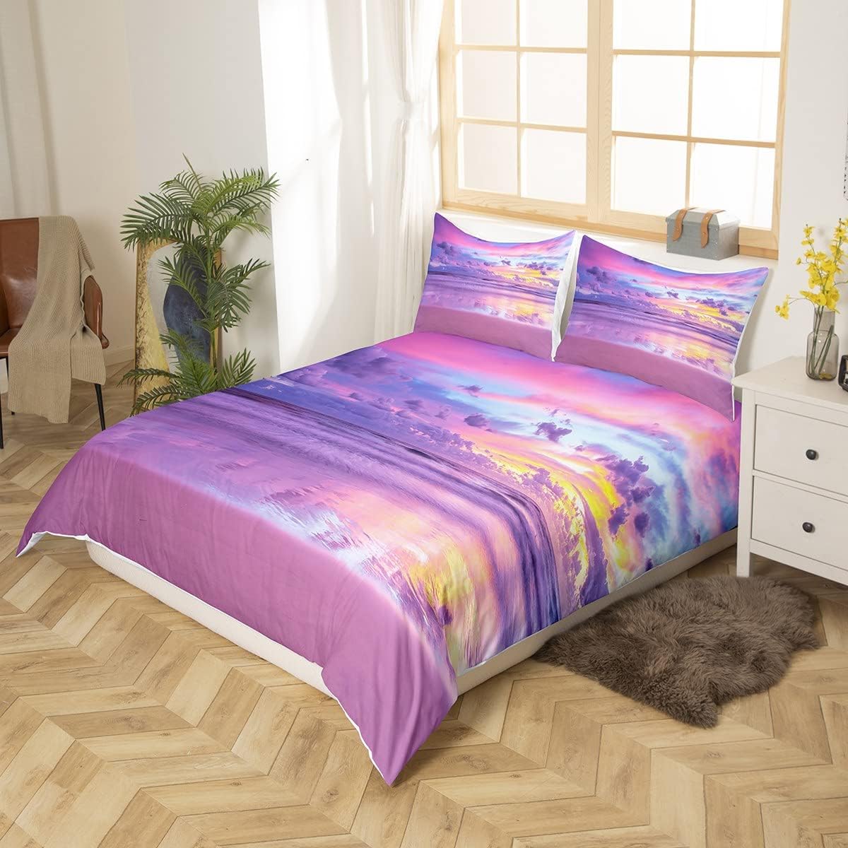 Erosebridal Hawaii Beach – Juego de ropa de cama con diseño de océano para niños y niños, funda de edredón morada con puesta de sol marina, funda de