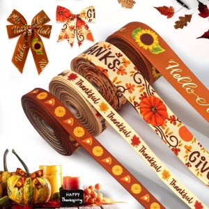 Hying 4 rollos de cintas de grogrén de otoño para envolver regalos, cintas de girasol de hojas naranjas otoñales para decoración de fiestas de Hying 4 rollos de cintas de grogrén de otoño para envolver regalos, cintas de girasol de hojas naranjas otoñales para decoración de fiestas de