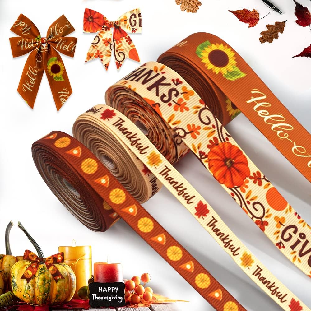 Hying 4 rollos de cintas de grogrén de otoño para envolver regalos, cintas de girasol de hojas naranjas otoñales para decoración de fiestas de
