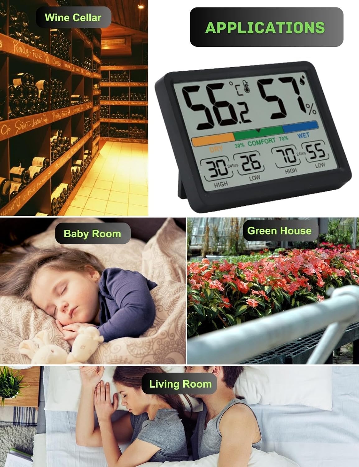 Medidor de humedad, termómetro e higrómetro de interior, medidor de monitor de temperatura ambiente, pantalla de humedad y temperatura altabaja,