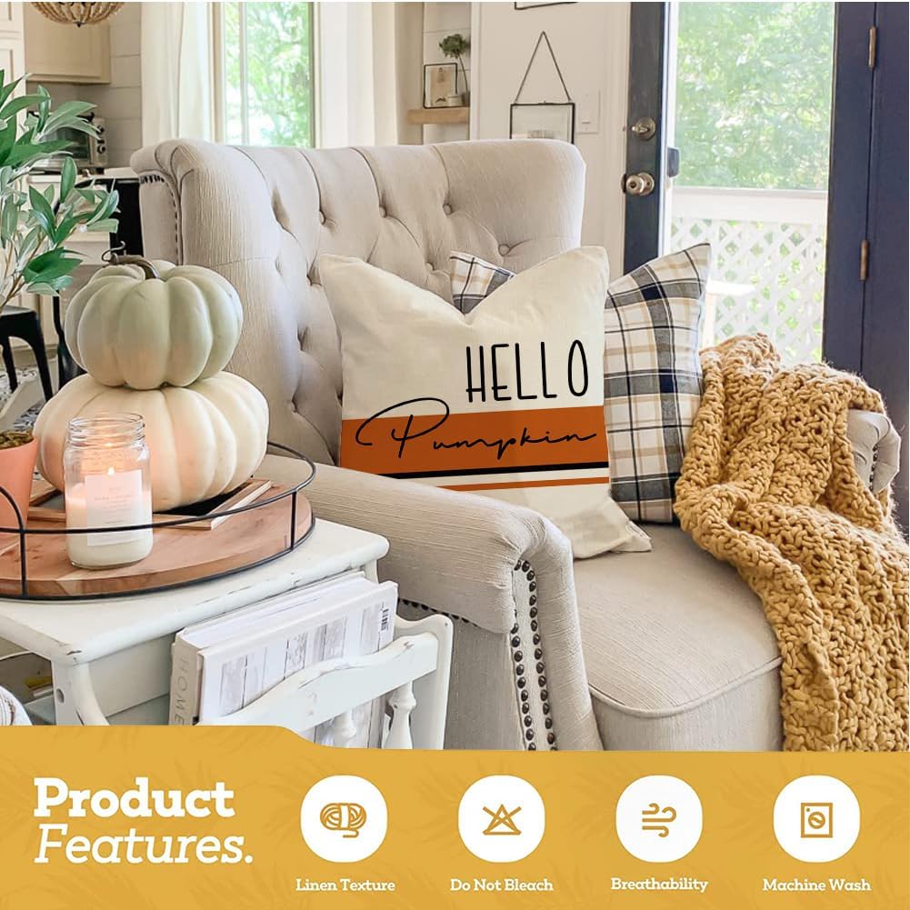 RABUSOFA Juego de 4 fundas de almohada decorativas de otoño de 18 x 18 pulgadas, fundas de almohada de calabaza de Hello Pumpk, almohadas