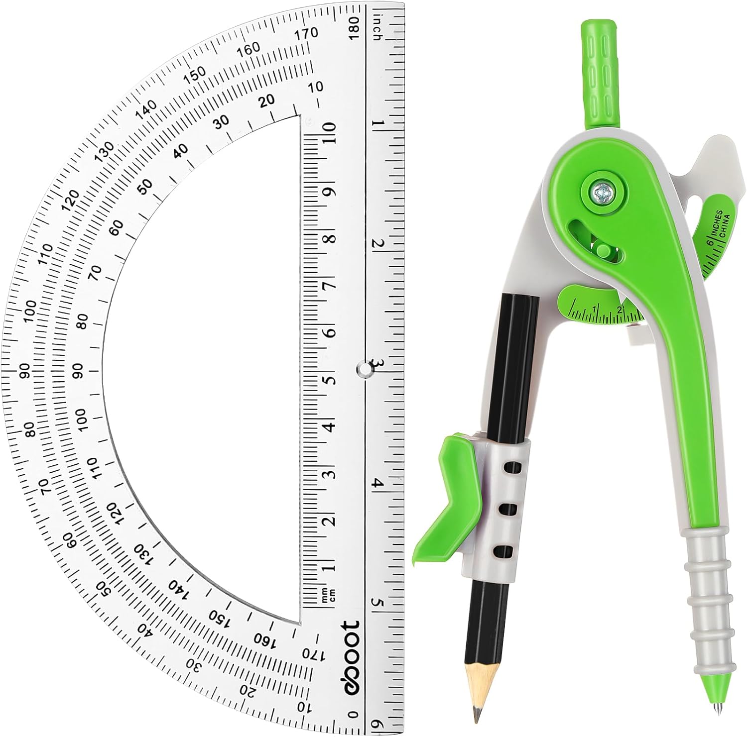 EBOOT Juego de matemáticas de geometría para estudiantes, brújula de dibujo y transportadores de brazo oscilante transparente de 6 pulgadas,