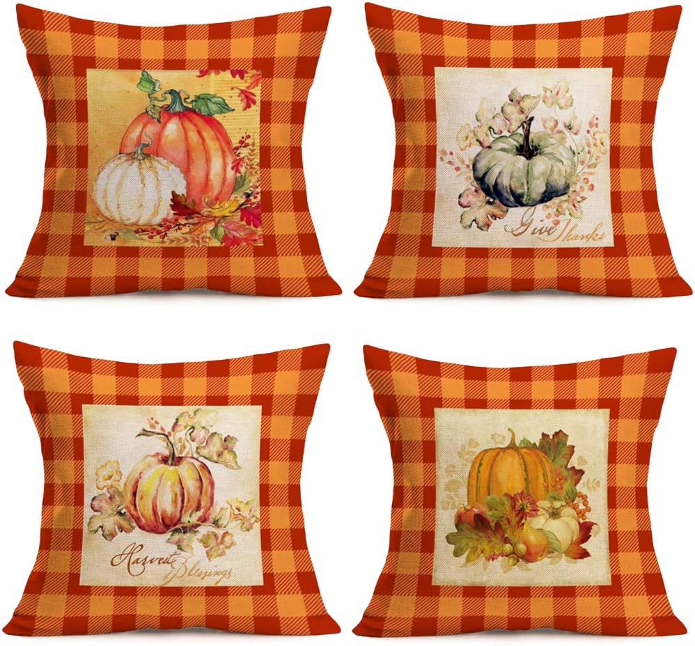 Fukeen Juego de 4 fundas de almohada retro a cuadros de búfalo naranja a cuadros de calabaza, decoración de cosecha de otoño, hojas de arce,