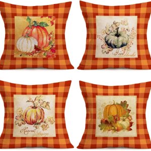 Fukeen Juego de 4 fundas de almohada retro a cuadros de búfalo naranja a cuadros de calabaza, decoración de cosecha de otoño, hojas de arce, Fukeen Juego de 4 fundas de almohada retro a cuadros de búfalo naranja a cuadros de calabaza, decoración de cosecha de otoño, hojas de arce,